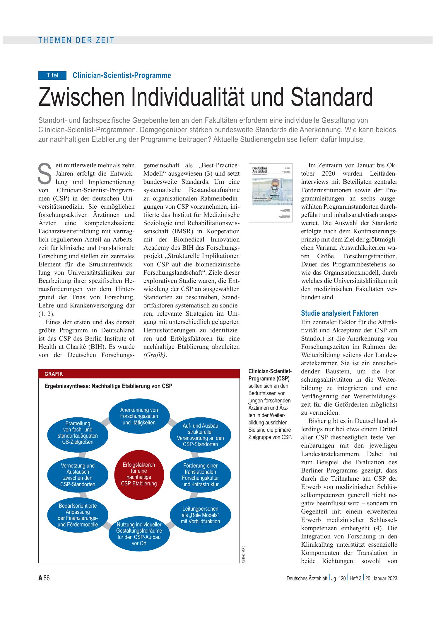 Vorschauseite 1: Clinician-Scientist-Programme: Zwischen Individualität und Standard – Deutsches Ärzteblatt