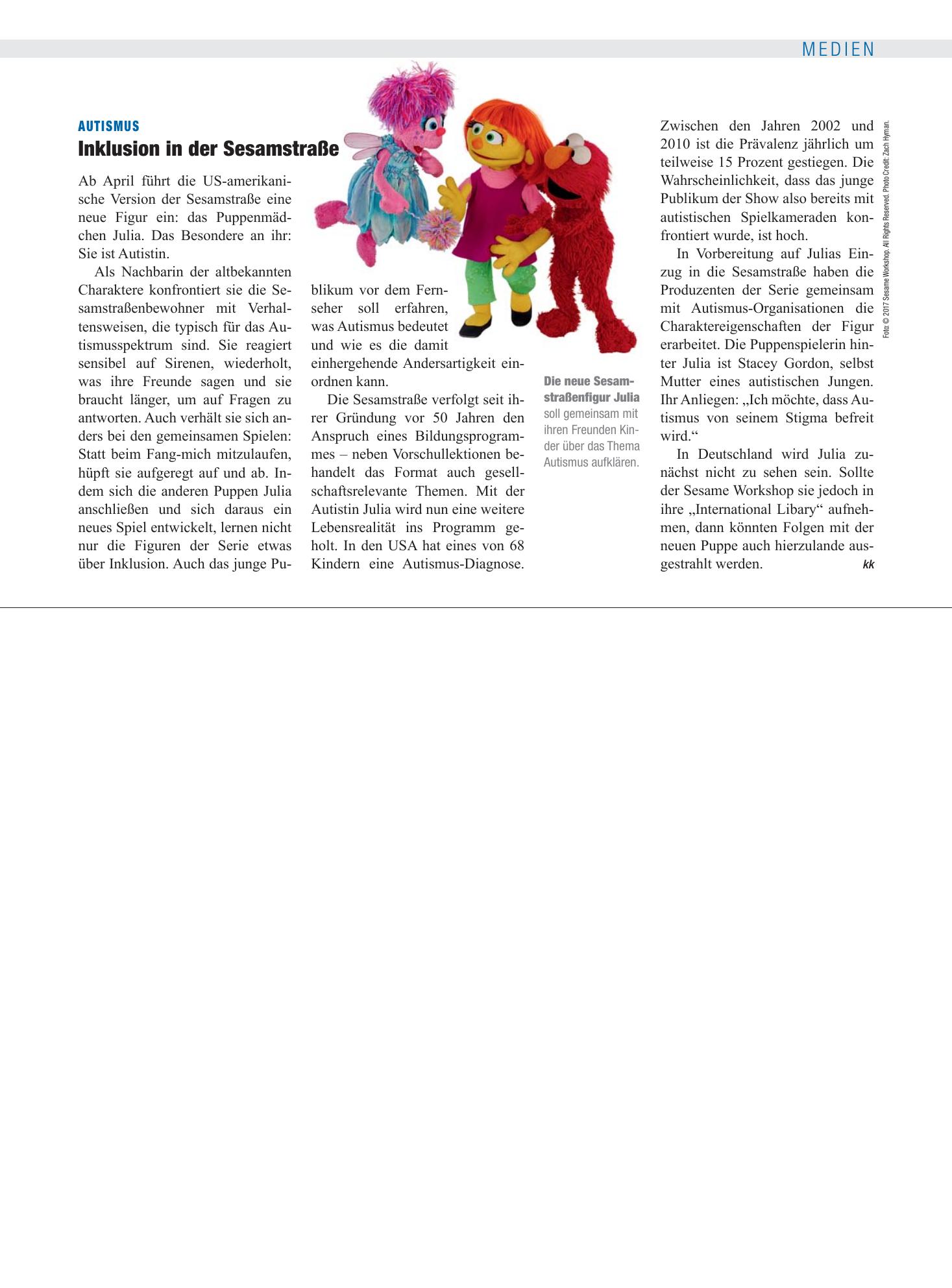 Vorschauseite 1: Autismus: Inklusion in der Sesamstraße – Deutsches Ärzteblatt