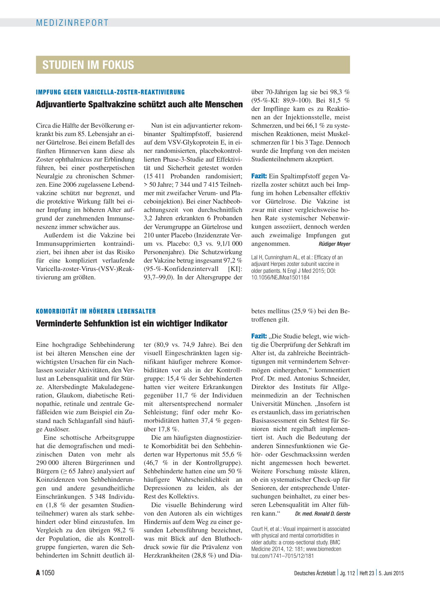 Vorschauseite 1: Komorbidität im höheren Lebensalter: Verminderte Sehfunktion ist ein wichtiger Indikator – Deutsches Ärzteblatt