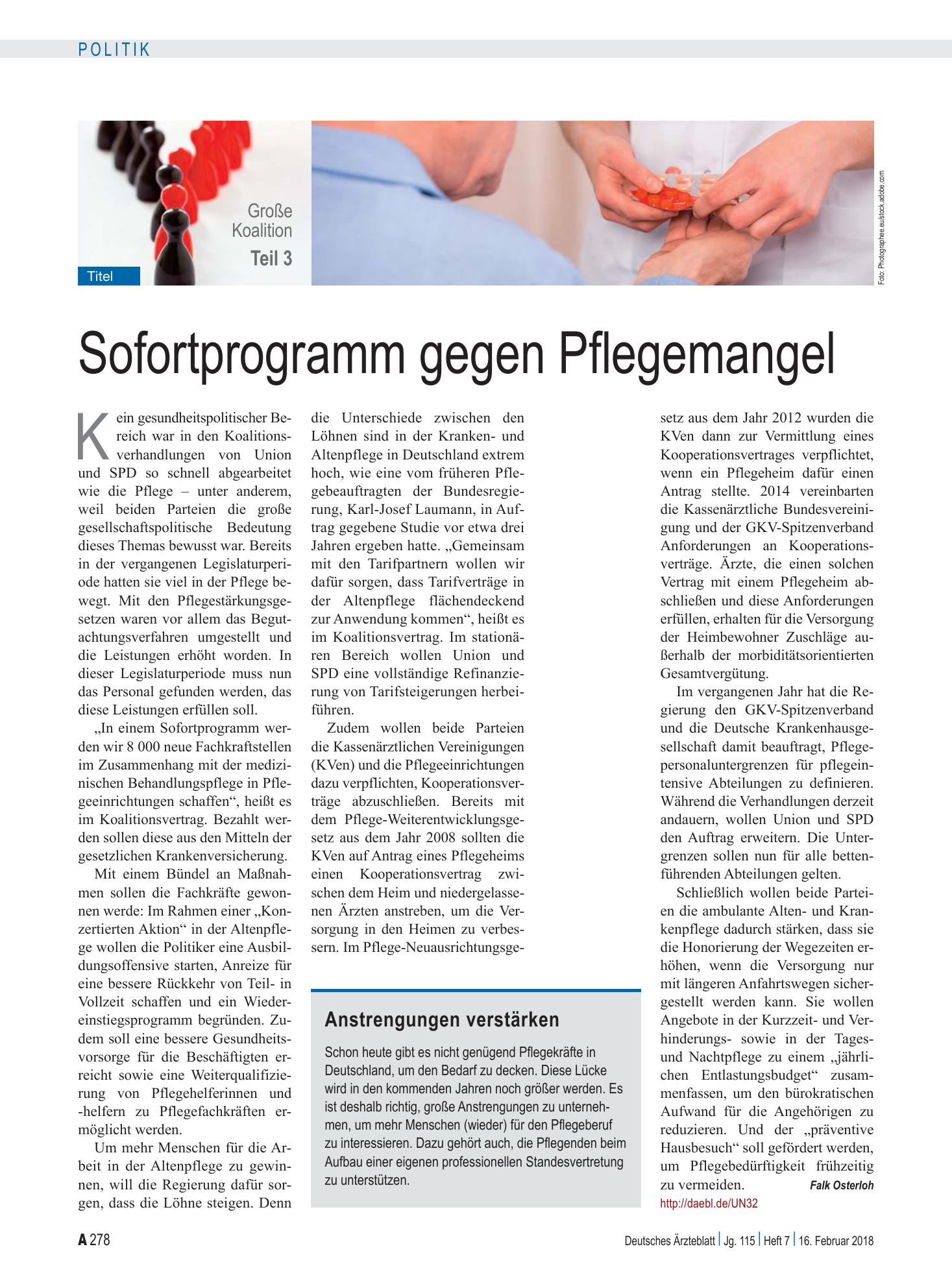 Vorschauseite 1: Sofortprogramm gegen Pflegemangel – Deutsches Ärzteblatt