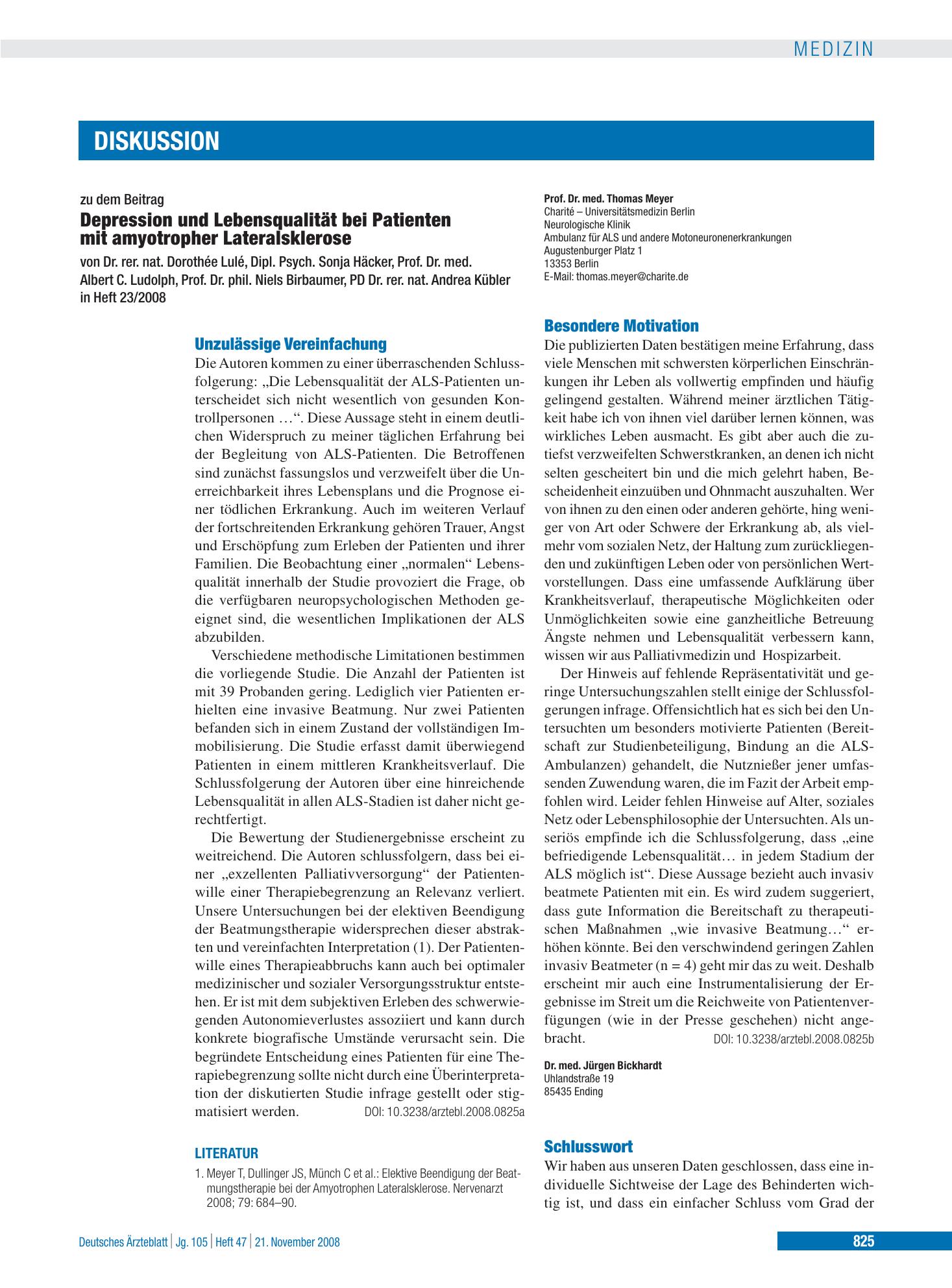 Vorschauseite 1: Depression und Lebensqualität bei Patienten mit amyotropher Lateralsklerose: Schlusswort – Deutsches Ärzteblatt