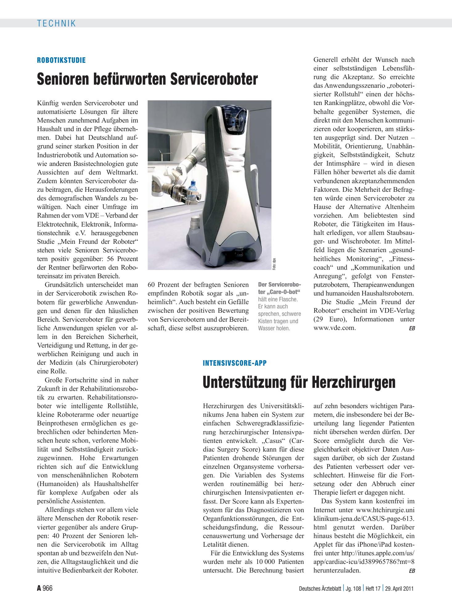 Vorschauseite 1: RobotikStudie: Senioren befürworten Serviceroboter – Deutsches Ärzteblatt