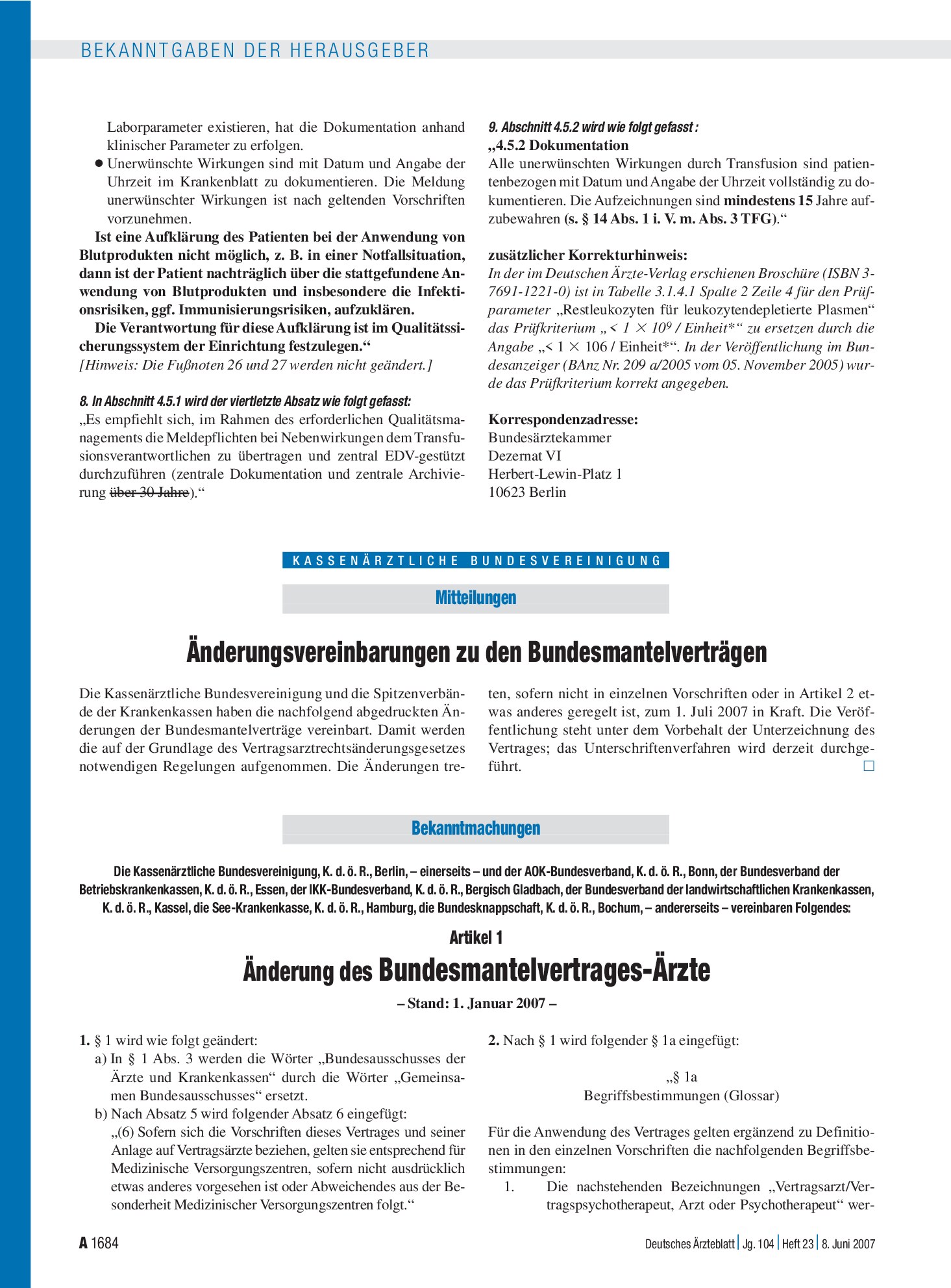 Vorschauseite 1: Mitteilungen: Änderungsvereinbarungen zu den Bundesmantelverträgen – Deutsches Ärzteblatt