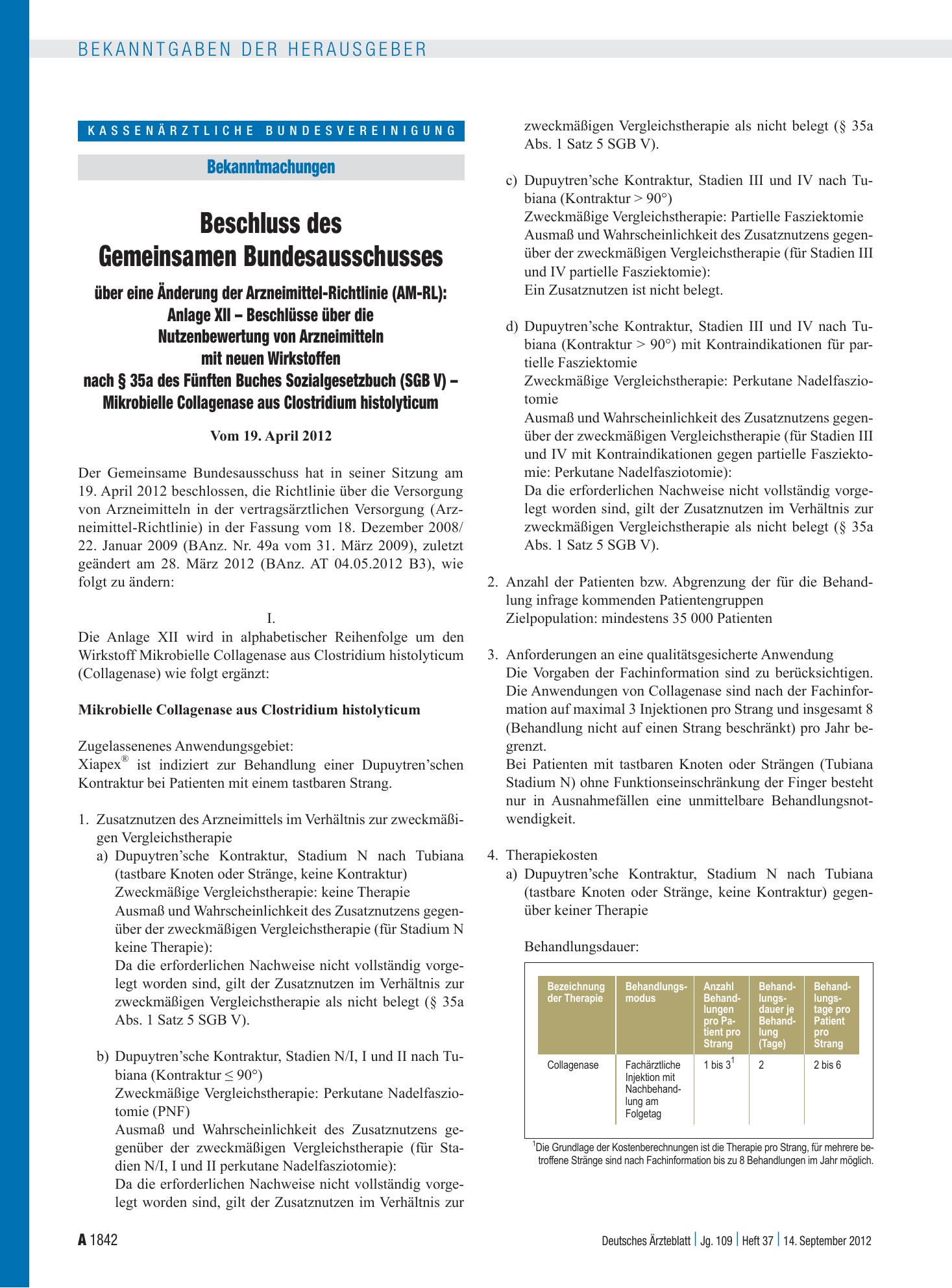 Vorschauseite 1: Beschluss des Gemeinsamen Bundesausschusses über eine Änderung der Arzneimittel-Richtlinie (AM-RL): Anlage XII – Beschlüsse über die Nutzenbewertung von Arzneimitteln mit neuen Wi…