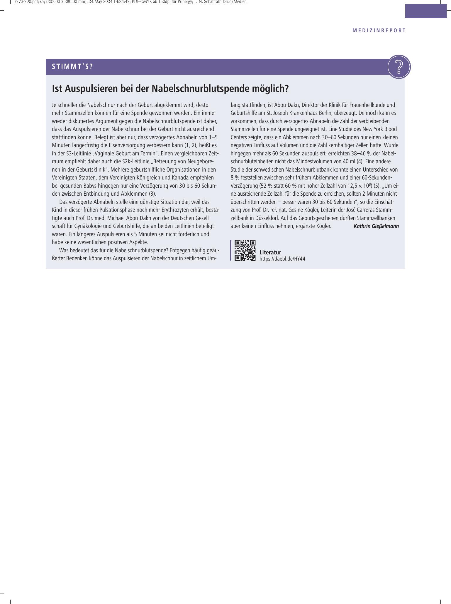Vorschauseite 1: Ist Auspulsieren bei der Nabelschnurblutspende möglich? – Deutsches Ärzteblatt