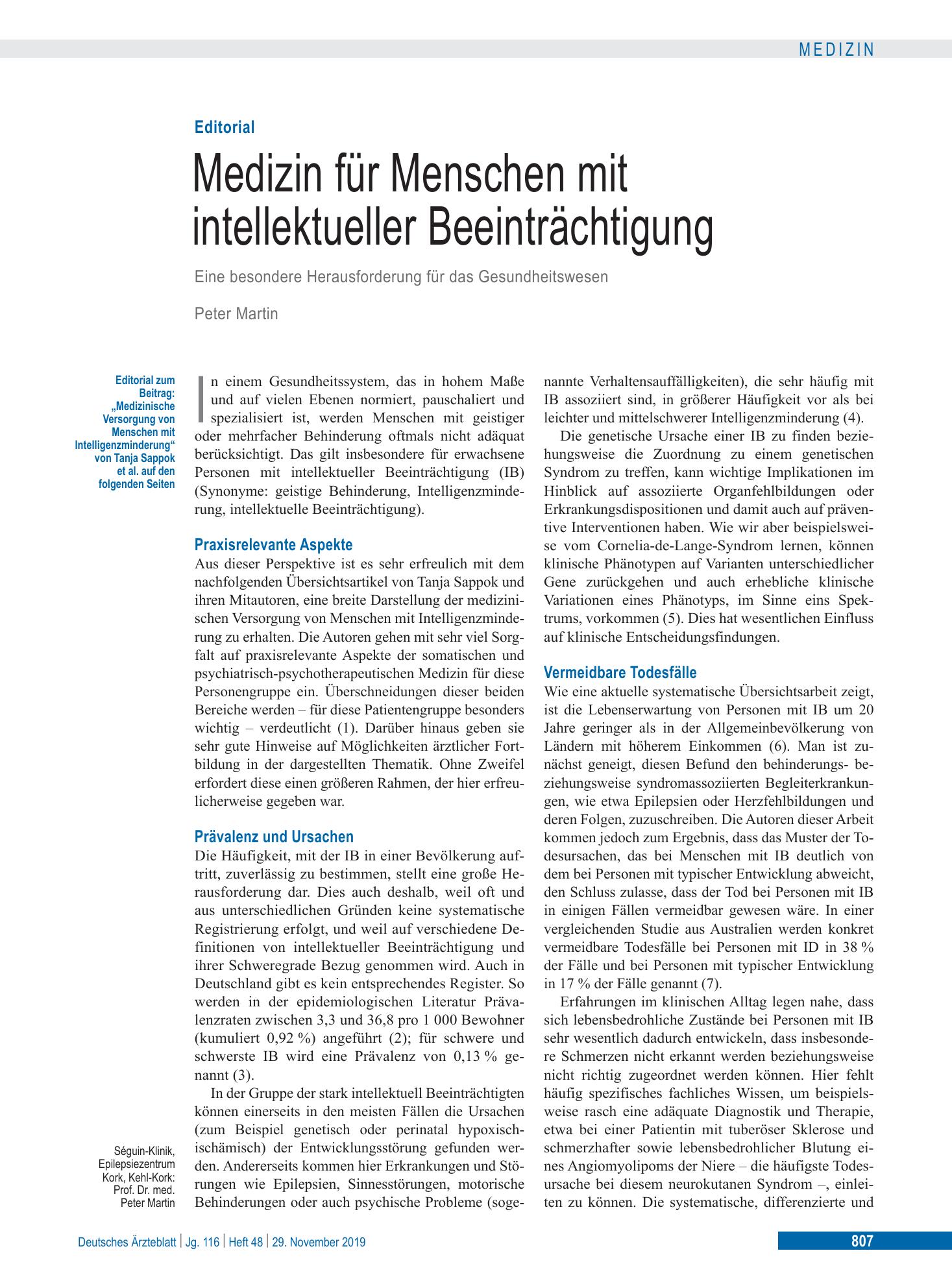Vorschauseite 1: Medizinische Versorgung von Menschen mit Intelligenzminderung – Deutsches Ärzteblatt