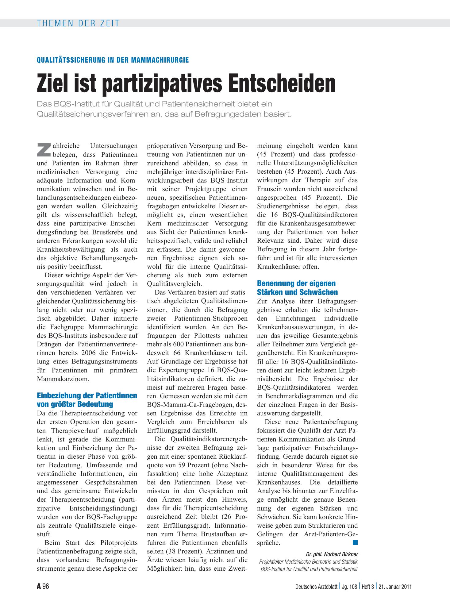 Vorschauseite 1: Qualitätssicherung in der Mammachirurgie: Ziel ist partizipatives Entscheiden – Deutsches Ärzteblatt
