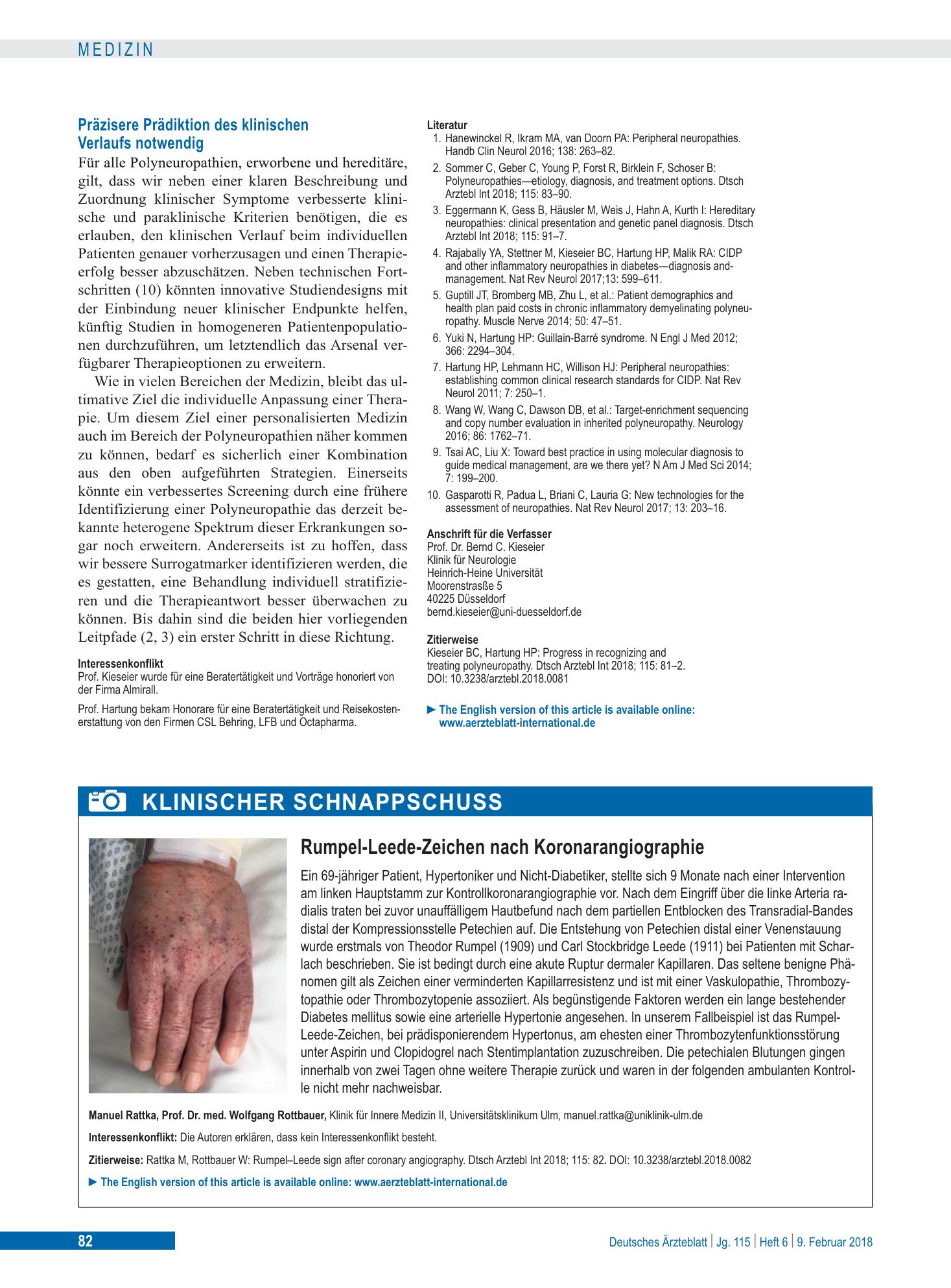 Vorschauseite 1: Rumpel-Leede-Zeichen nach Koronarangiographie – Deutsches Ärzteblatt