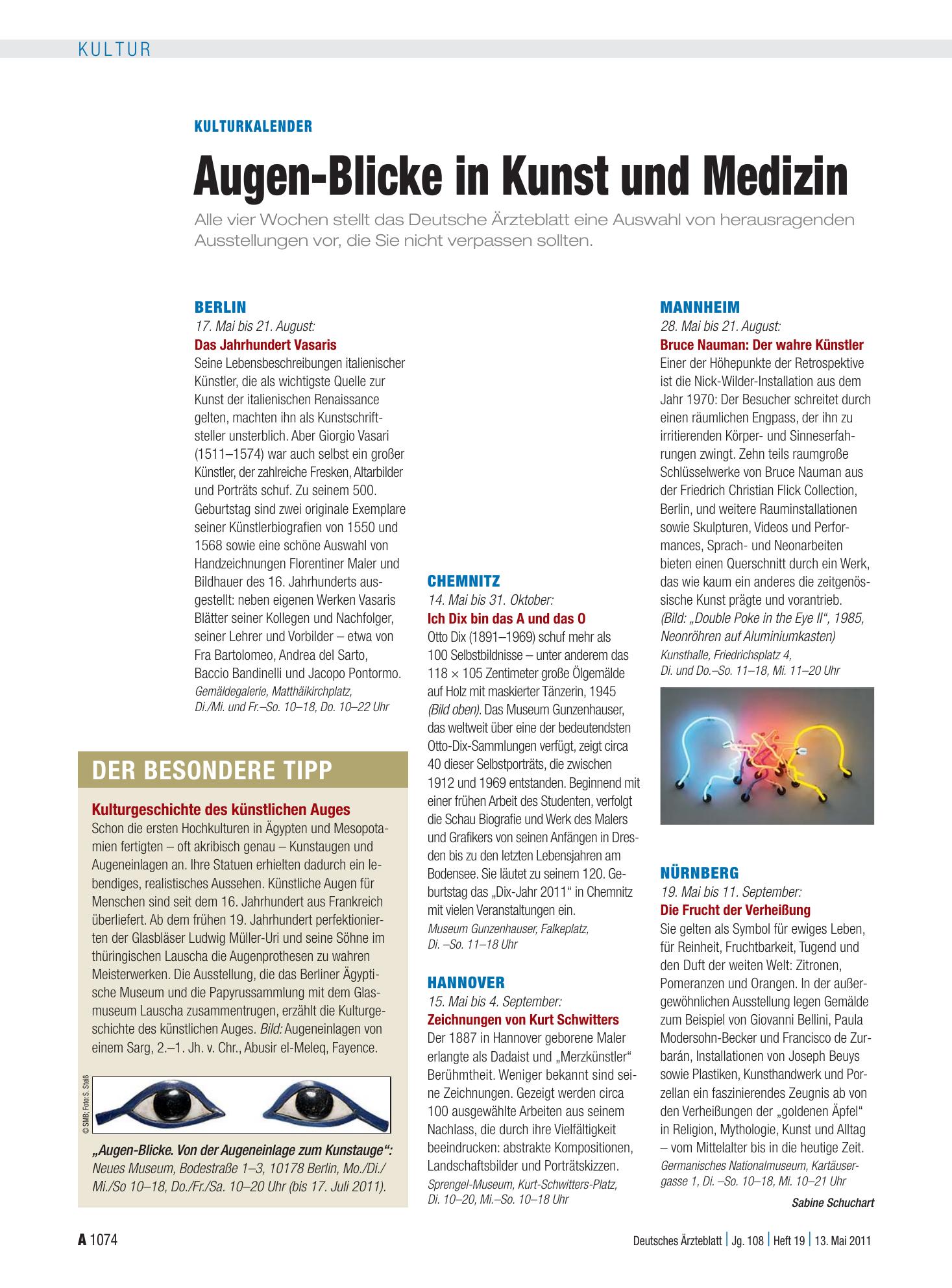 Vorschauseite 1: Kulturkalender: Augen-Blicke in Kunst und Medizin – Deutsches Ärzteblatt