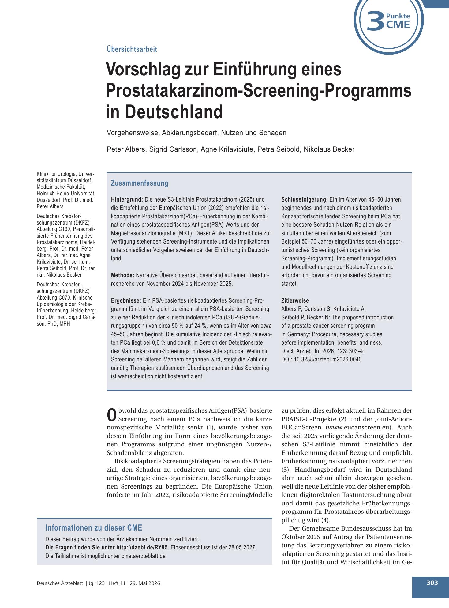 Vorschauseite 1: Vorschlag zur Einführung eines Prostatakarzinom-Screening-Programms in Deutschland – Deutsches Ärzteblatt