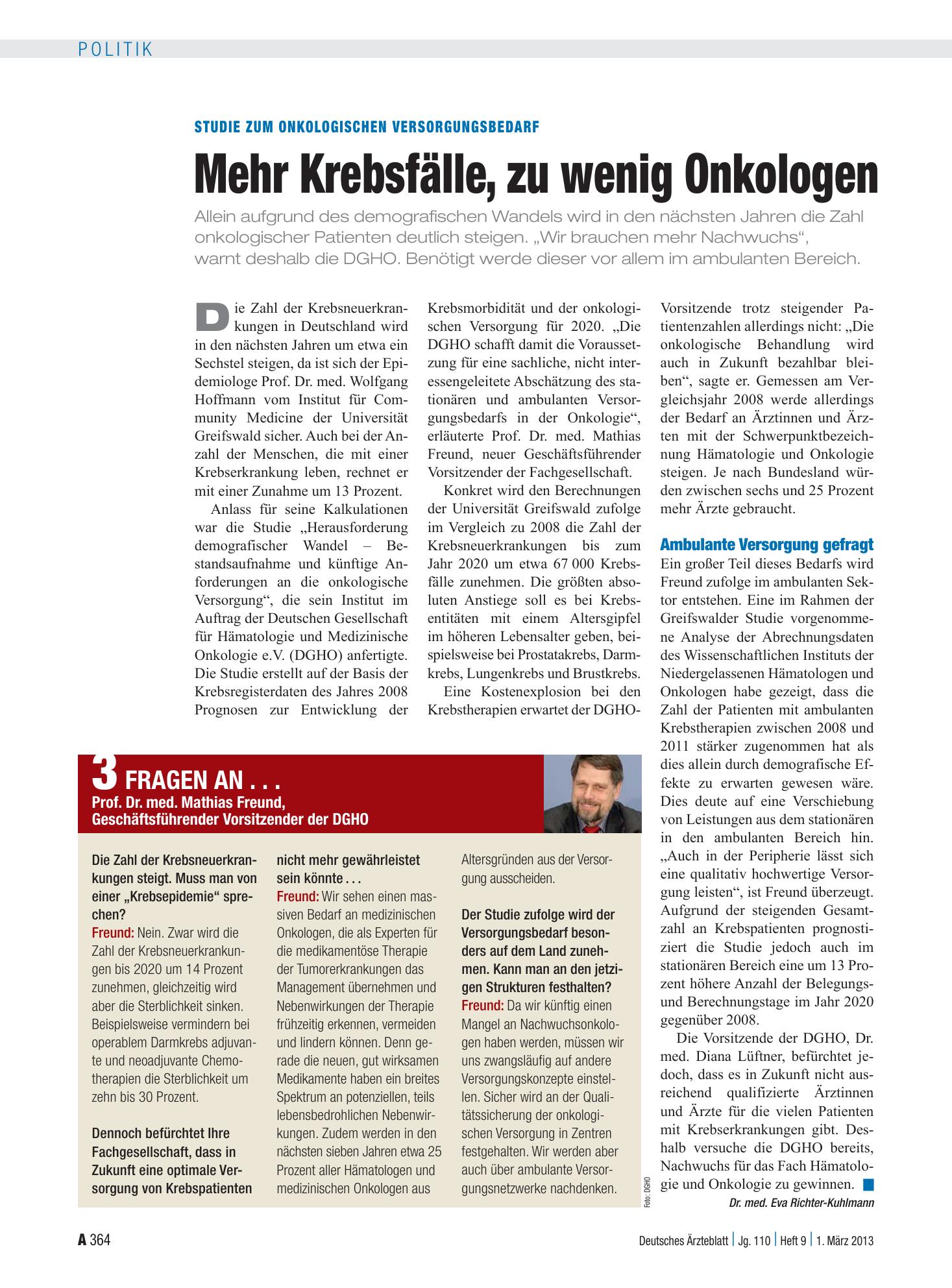 Vorschauseite 1: Studie zum onkologischen Versorgungsbedarf: Mehr Krebsfälle, zu wenig Onkologen – Deutsches Ärzteblatt