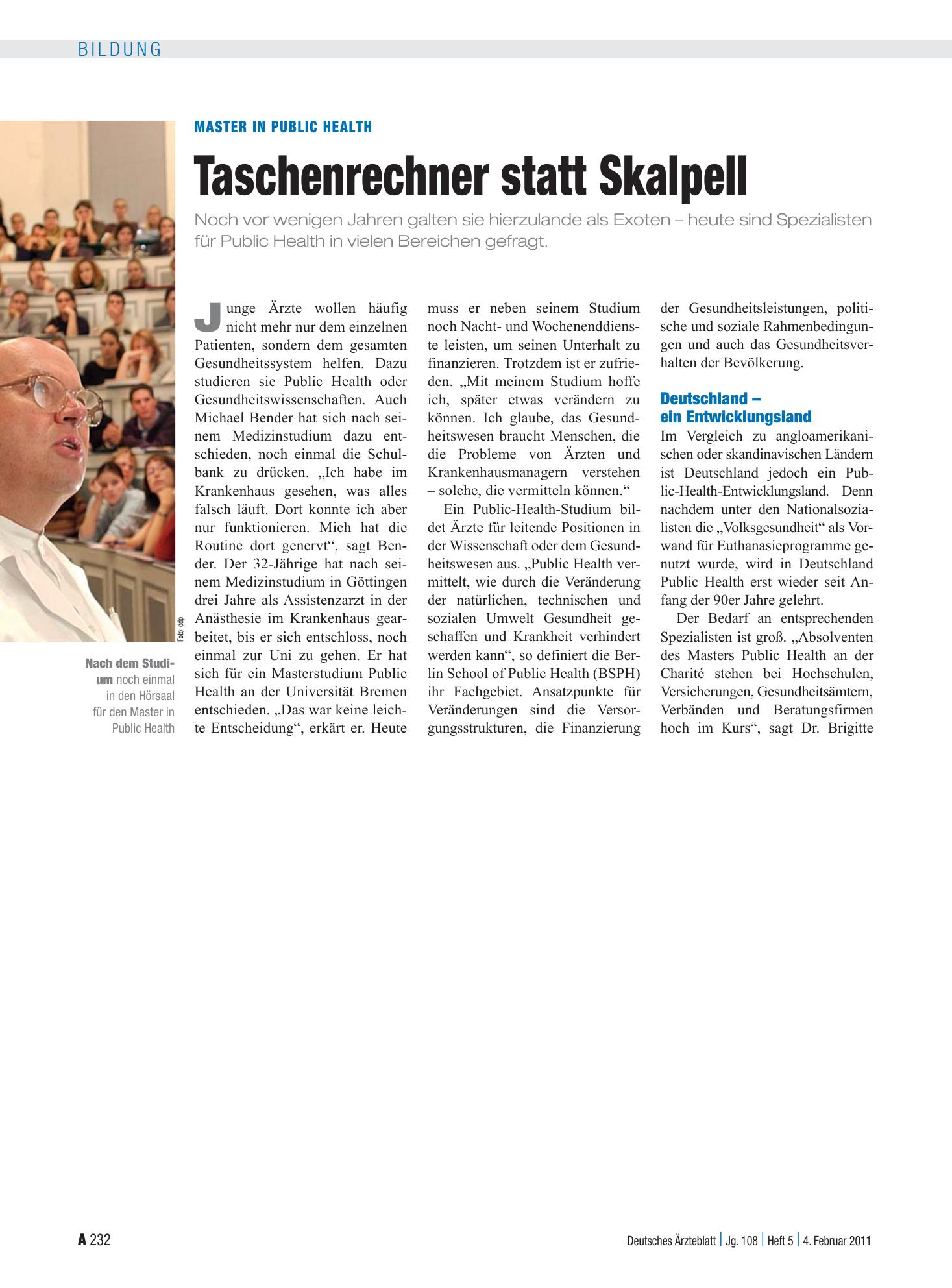 Vorschauseite 1: Master in Public Health: Taschenrechner statt Skalpell – Deutsches Ärzteblatt
