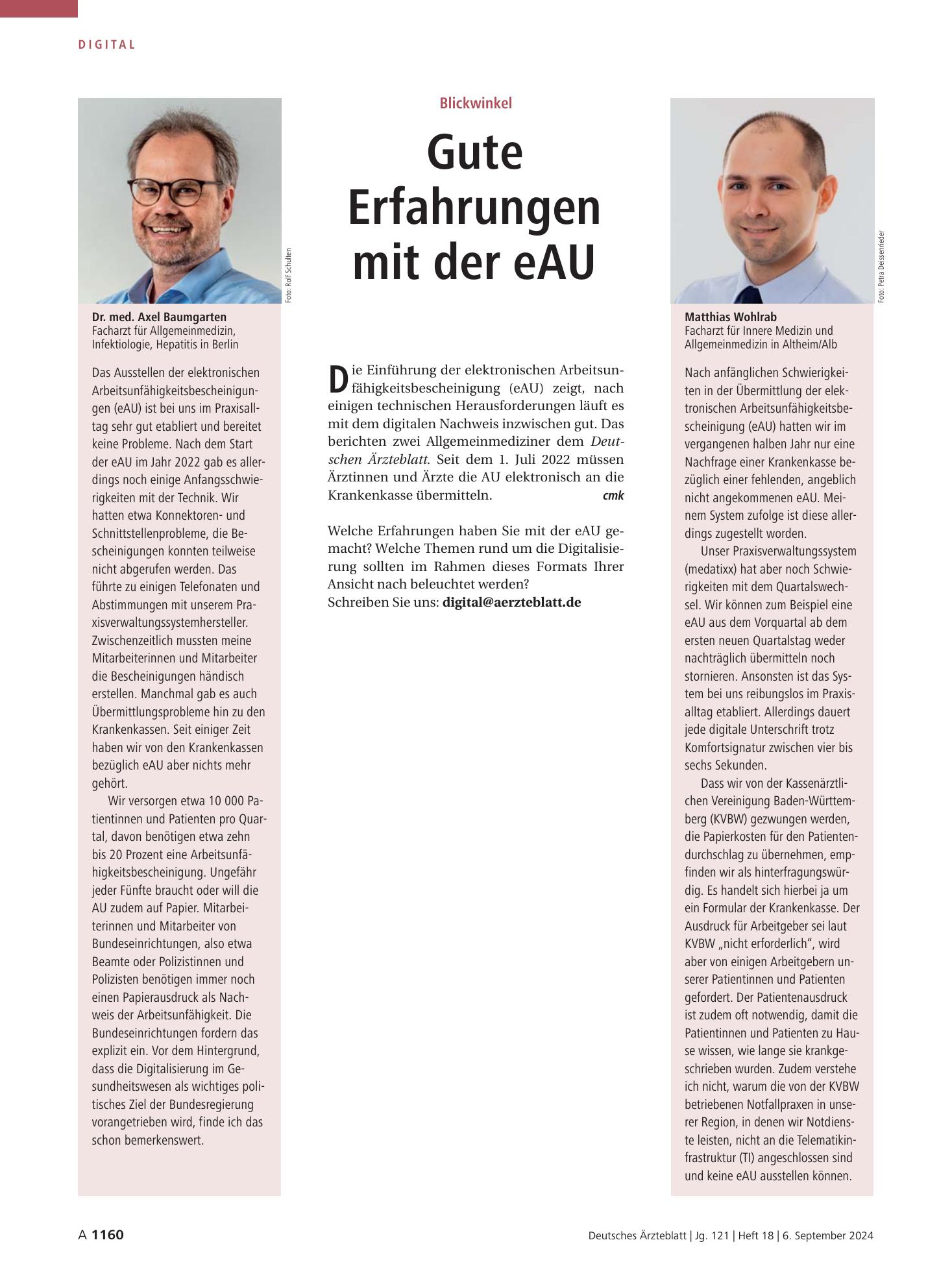 Vorschauseite 1: Blickwinkel: Gute Erfahrungen mit der eAU – Deutsches Ärzteblatt