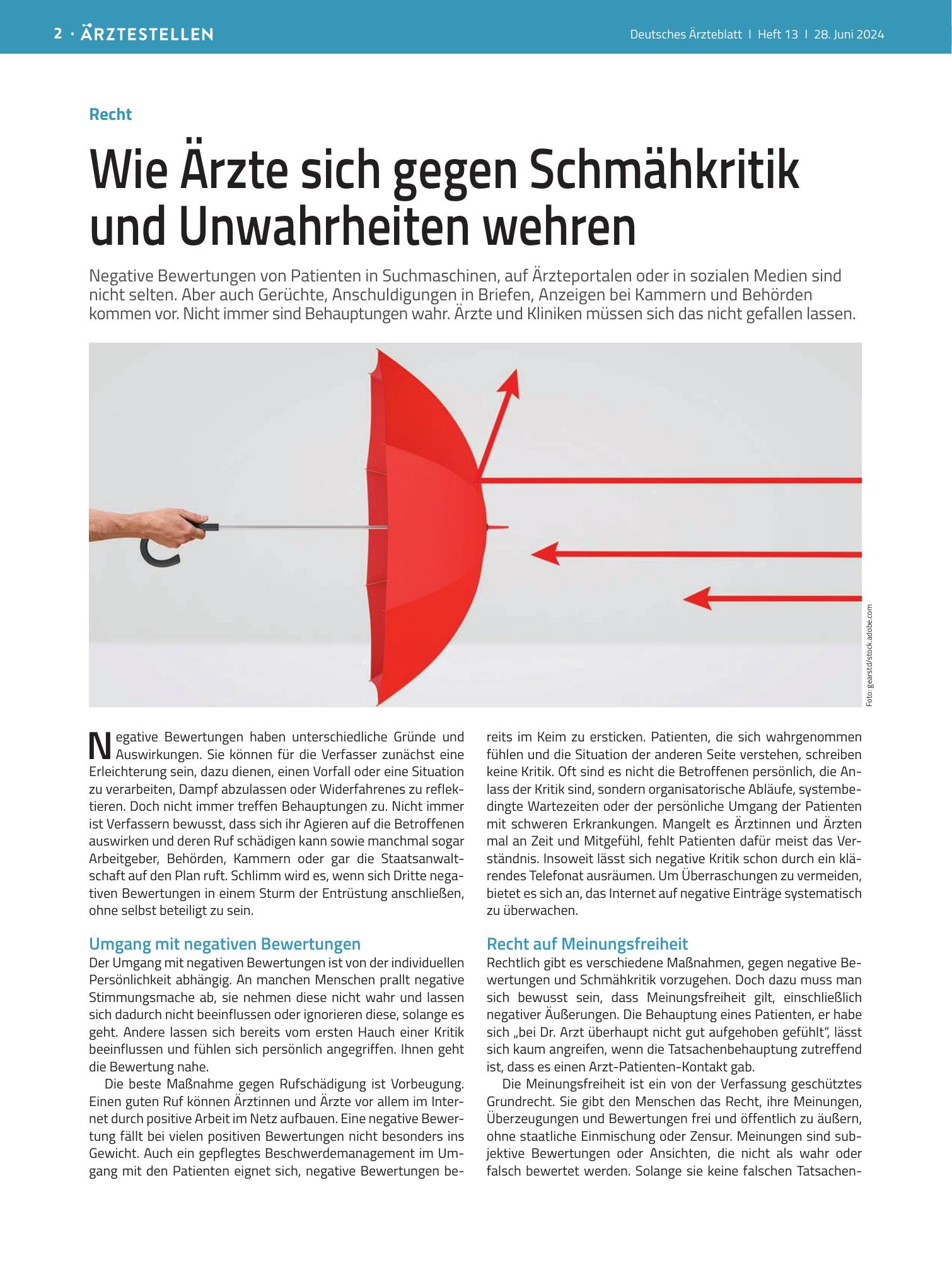 Vorschauseite 1: Recht: Wie Ärzte sich gegen Schmähkritik und Unwahrheiten wehren – Deutsches Ärzteblatt