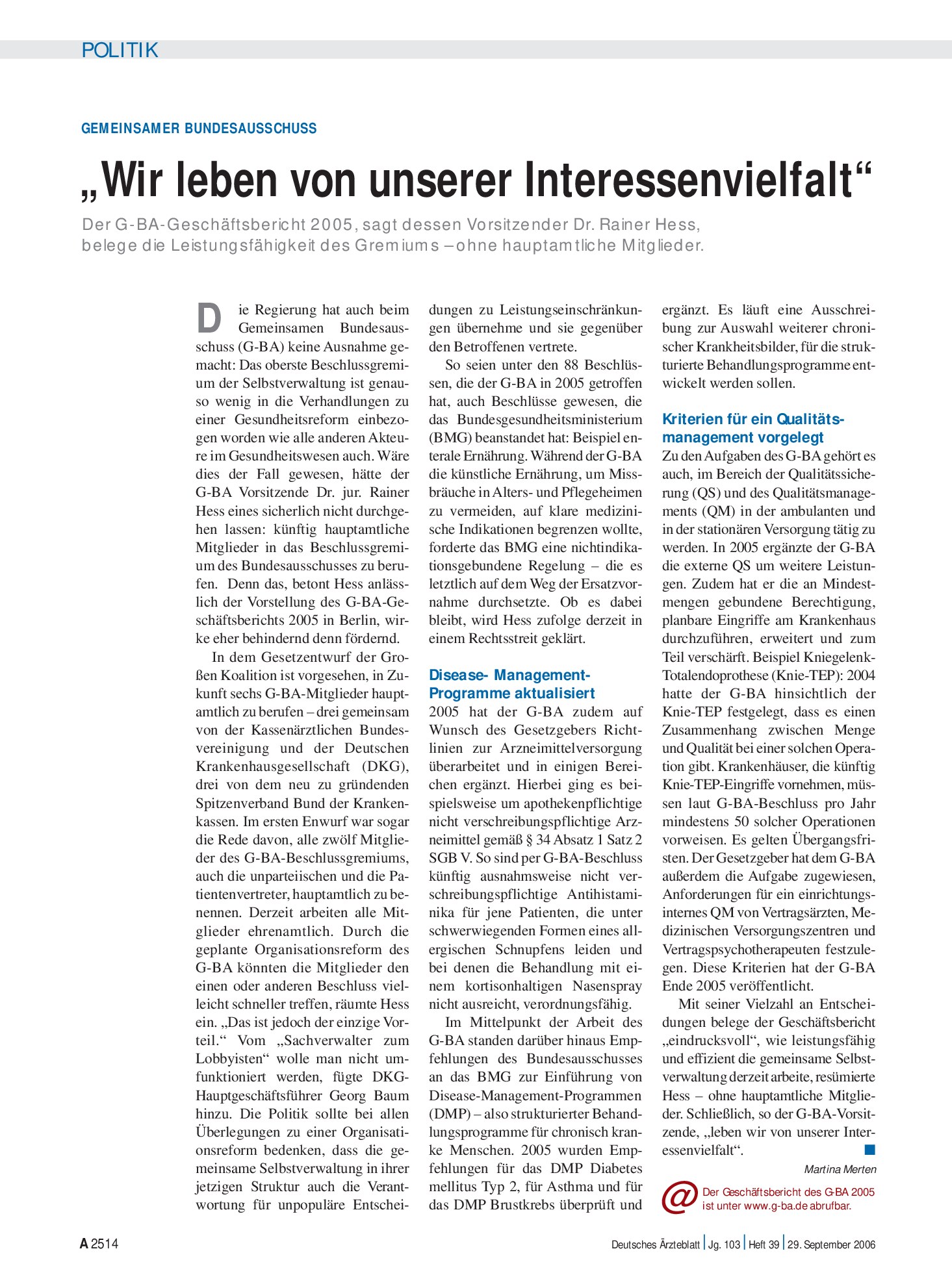 Vorschauseite 1: Gemeinsamer Bundesausschuss: „Wir leben von unserer Interessenvielfalt“ – Deutsches Ärzteblatt