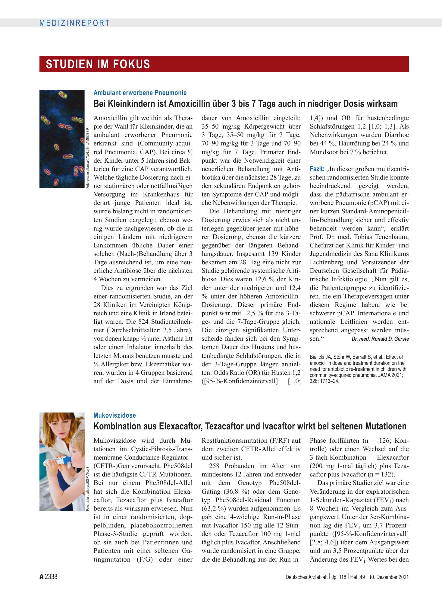 Vorschauseite 1: Ambulant erworbene Pneumonie: Bei Kleinkindern ist Amoxicillin über 3 bis 7 Tage auch in niedriger Dosis wirksam – Deutsches Ärzteblatt