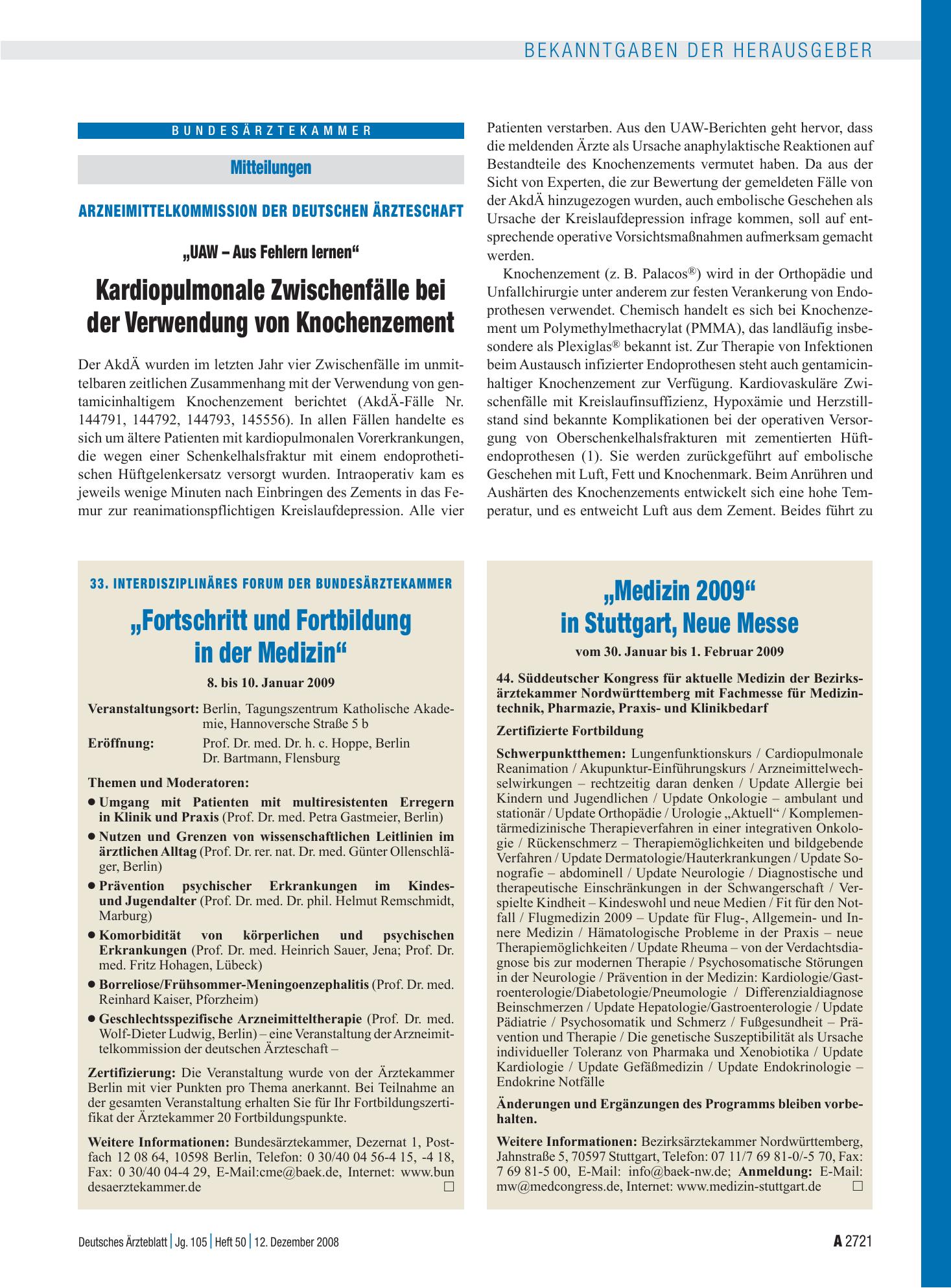 Vorschauseite 1: „Medizin 2009“ in Stuttgart, Neue Messe vom 30. Januar bis 1. Februar 2009 – Deutsches Ärzteblatt