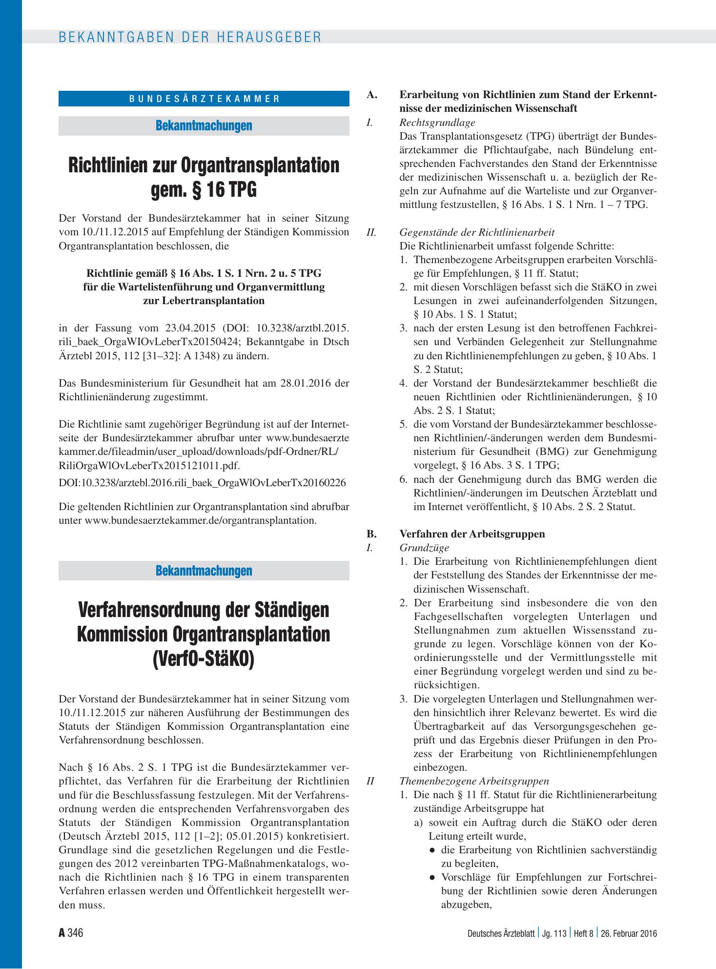 Vorschauseite 1: Verfahrensordnung der Ständigen Kommission Organtransplantation (VerfO-StäKO) – Deutsches Ärzteblatt