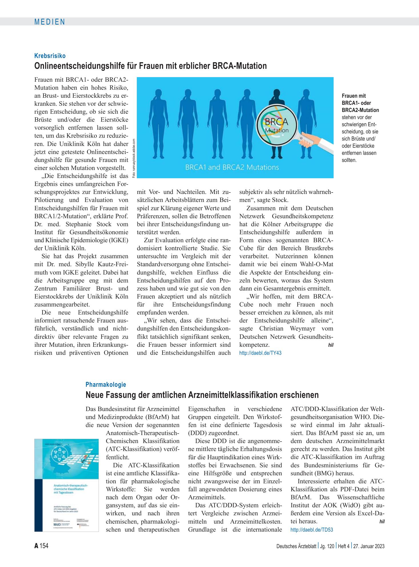 Vorschauseite 1: Krebsrisiko: Onlineentscheidungshilfe für Frauen mit erblicher BRCA-Mutation – Deutsches Ärzteblatt