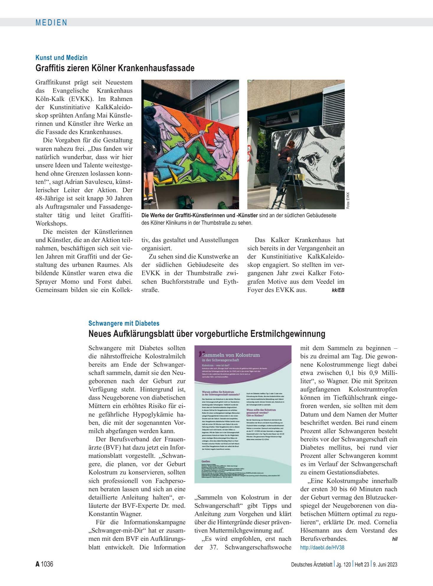 Vorschauseite 1: Kunst und Medizin: Graffitis zieren Kölner Krankenhausfassade – Deutsches Ärzteblatt