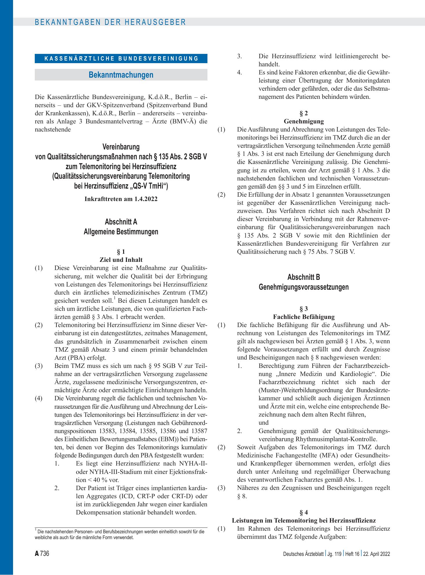 Vorschauseite 1: Vereinbarung von Qualitätssicherungsmaßnahmen nach § 135 Abs. 2 SGB V zum Telemonitoring bei Herzinsuffizienz (Qualitätssicherungsvereinbarung Telemonitoring bei Herzinsuffizienz…