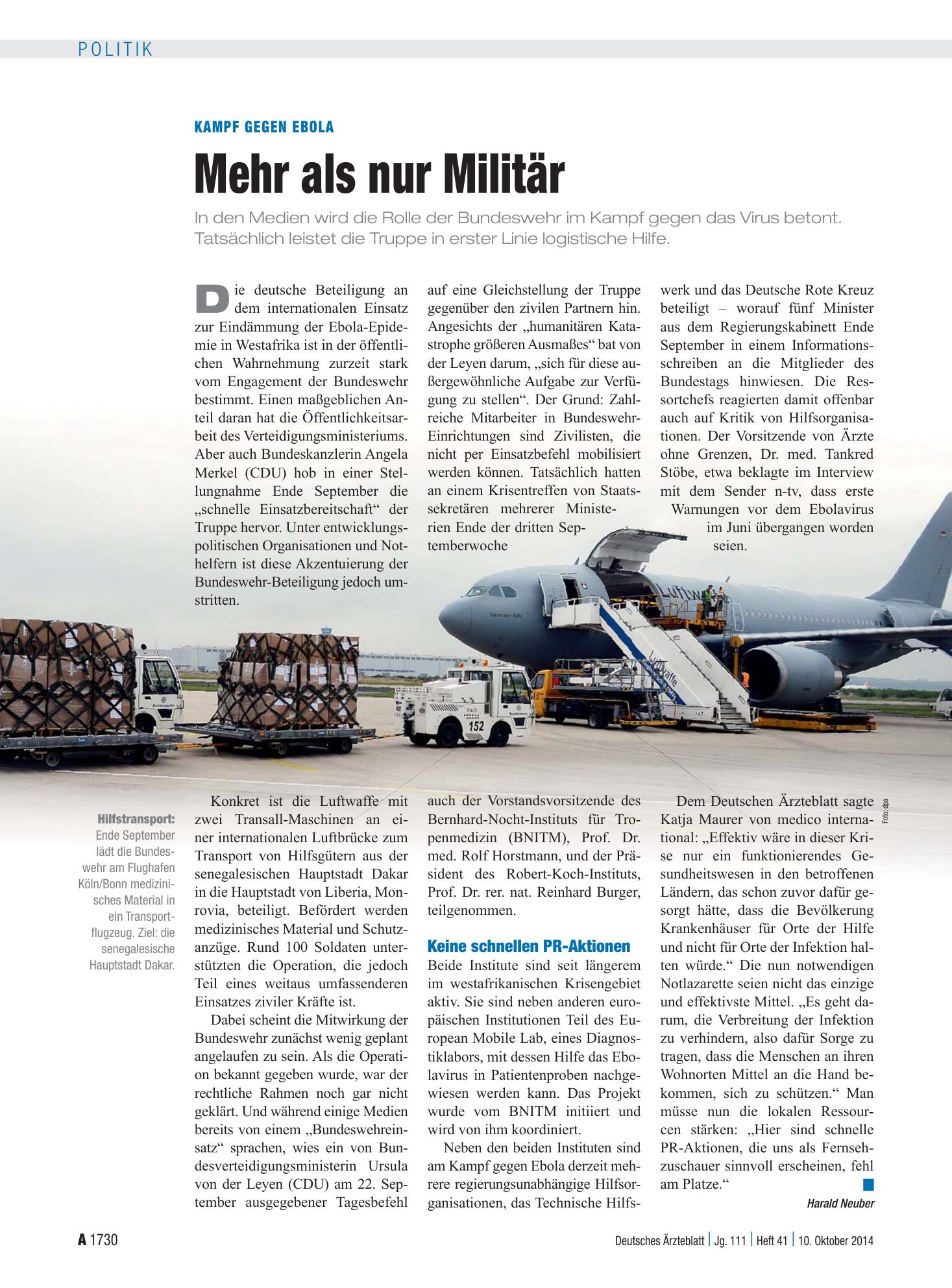 Vorschauseite 1: Kampf gegen Ebola: Mehr als nur Militär – Deutsches Ärzteblatt