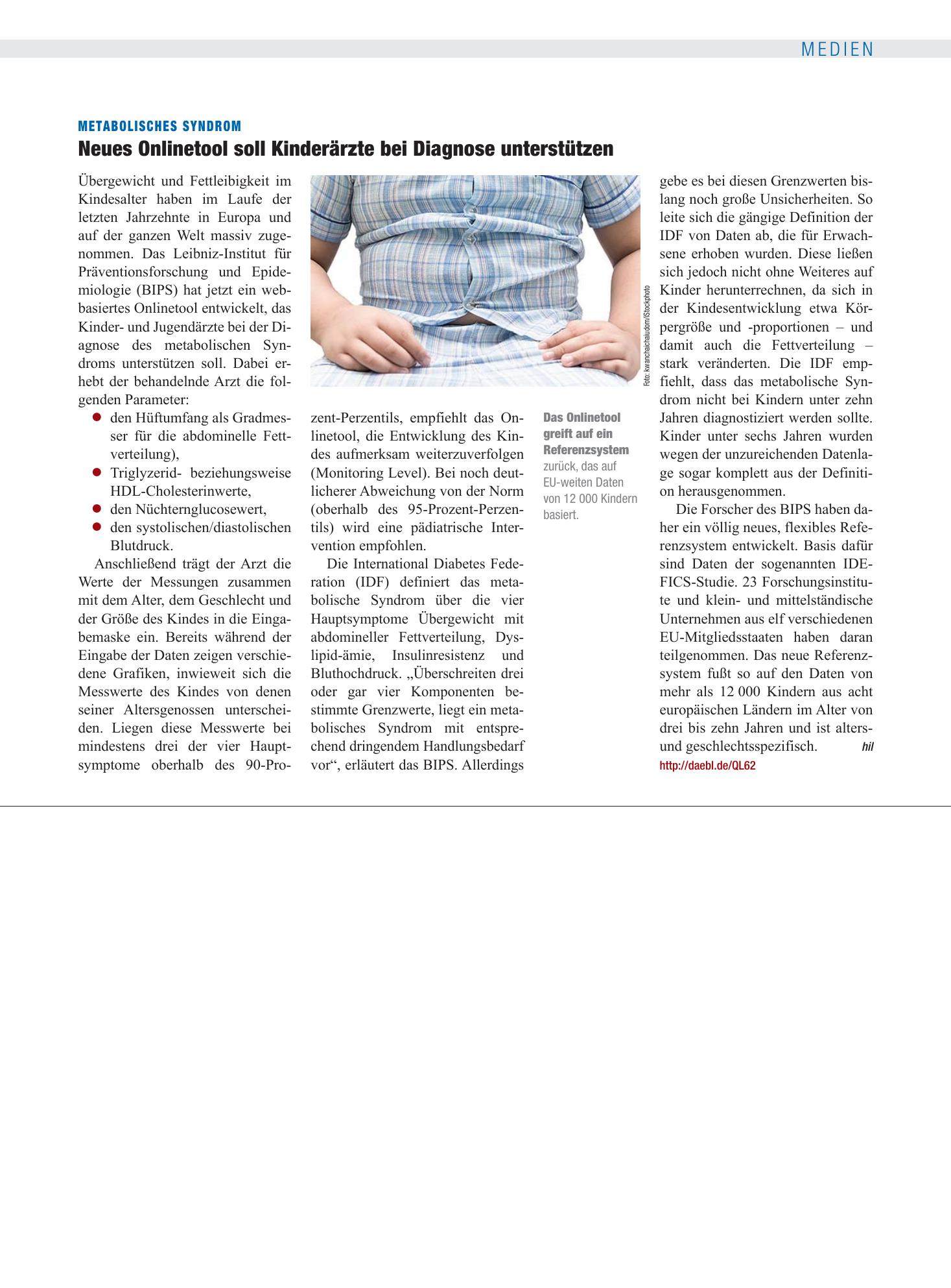 Vorschauseite 1: Metabolisches Syndrom: Neues Onlinetool soll Kinderärzte bei Diagnose unterstützen – Deutsches Ärzteblatt