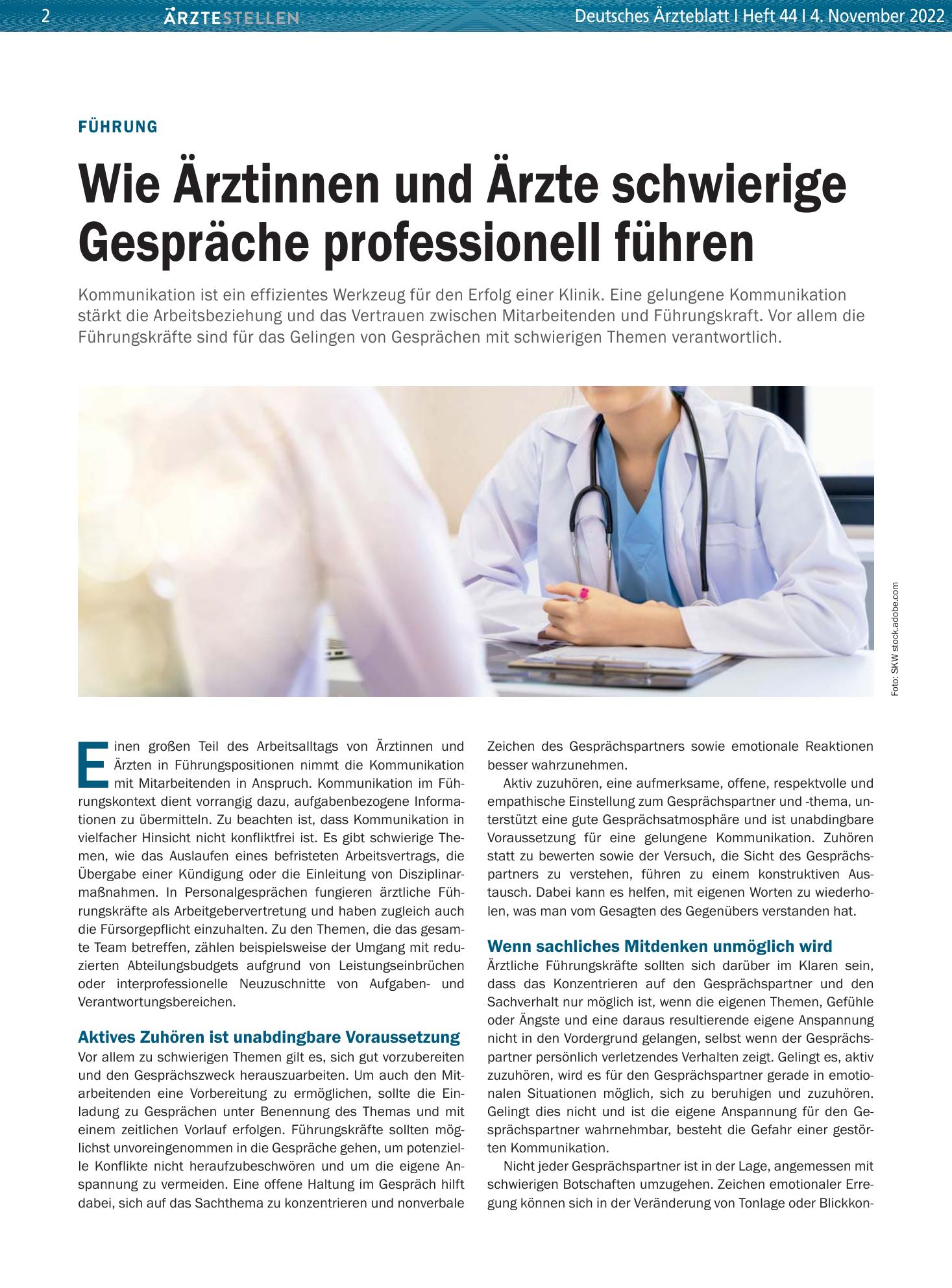 Vorschauseite 1: Führung: Wie Ärztinnen und Ärzte schwierige Gespräche professionell führen – Deutsches Ärzteblatt
