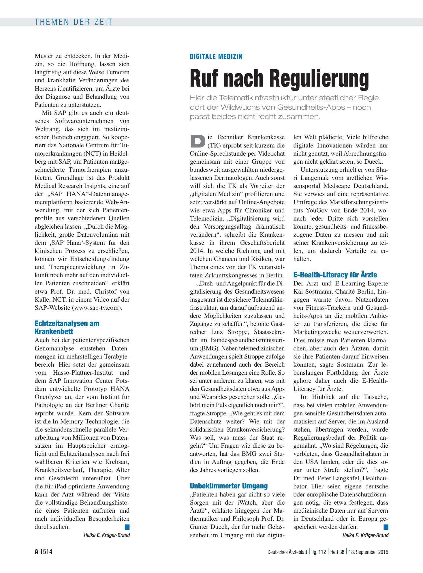 Vorschauseite 1: Digitale Medizin: Ruf nach Regulierung – Deutsches Ärzteblatt