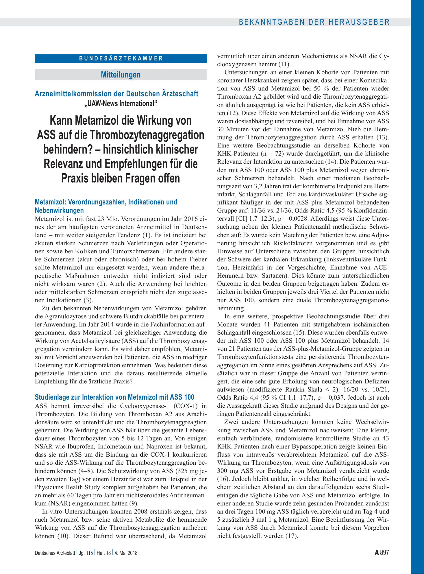 Vorschauseite 1: Arzneimittelkommission der Deutschen Ärzteschaft: „UAW-News International“ Kann Metamizol die Wirkung von ASS auf die Thrombozytenaggregation behindern? – Deutsches Ärzteblatt