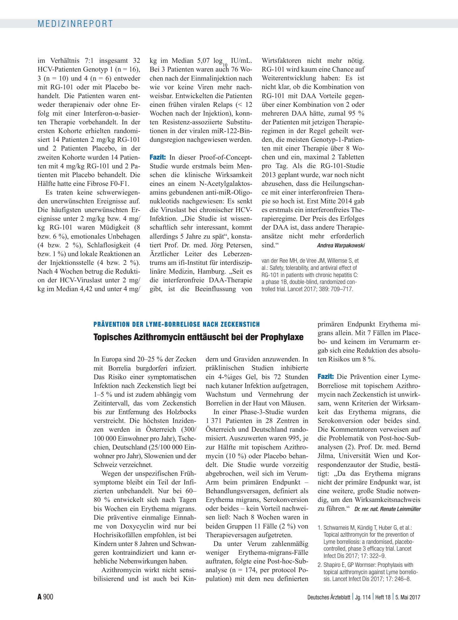 Vorschauseite 1: Prävention der Lyme-Borreliose nach Zeckenstich: Topisches Azithromycin enttäuscht bei der Prophylaxe – Deutsches Ärzteblatt