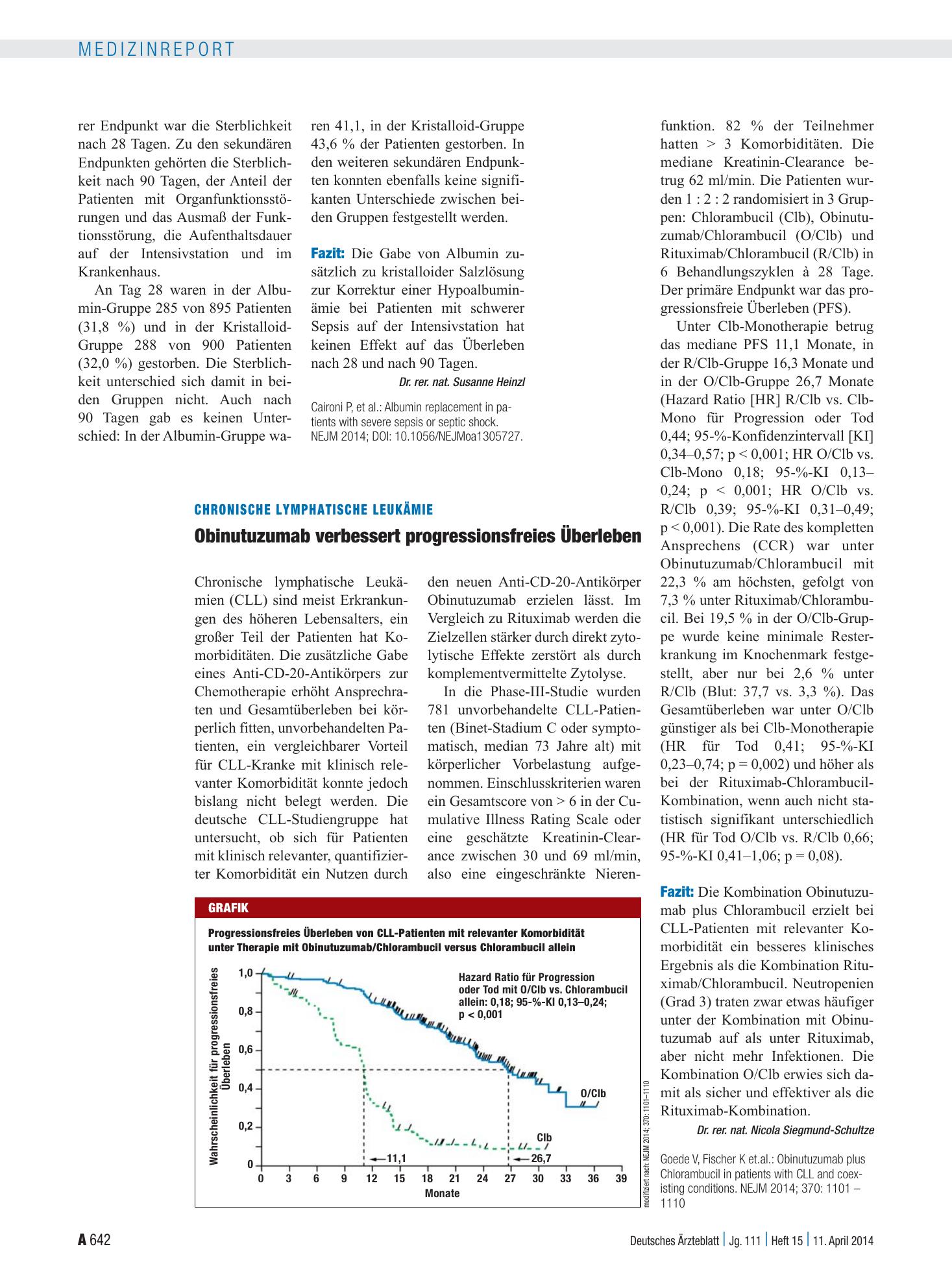 Vorschauseite 1: Chronische Lymphatische Leukämie: Obinutuzumab verbessert progressionsfreies Überleben – Deutsches Ärzteblatt