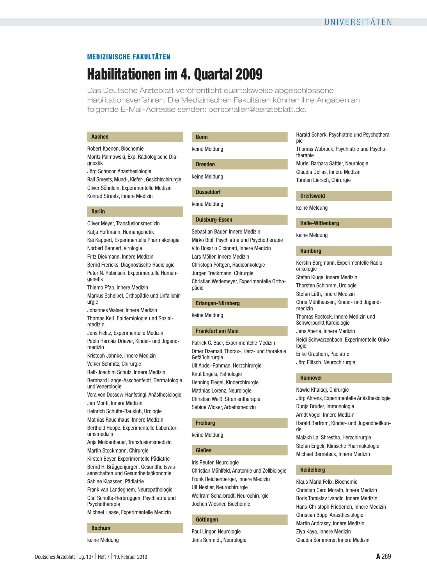 Vorschauseite 1: Medizinische Fakultäten: Habilitationen im 4. Quartal 2009 – Deutsches Ärzteblatt