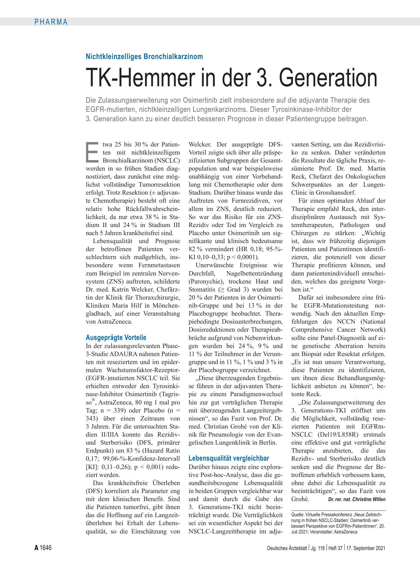 Vorschauseite 1: Nichtkleinzelliges Bronchialkarzinom: TK-Hemmer in der 3. Generation – Deutsches Ärzteblatt