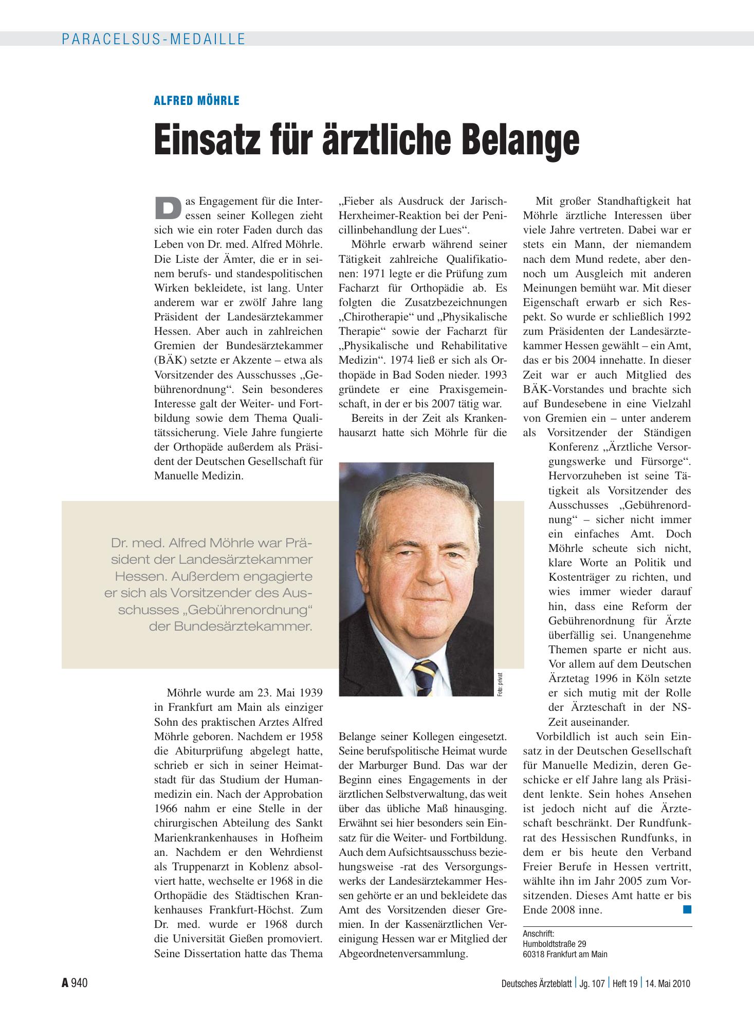 Vorschauseite 1: Alfred Möhrle: Einsatz für ärztliche Belange – Deutsches Ärzteblatt
