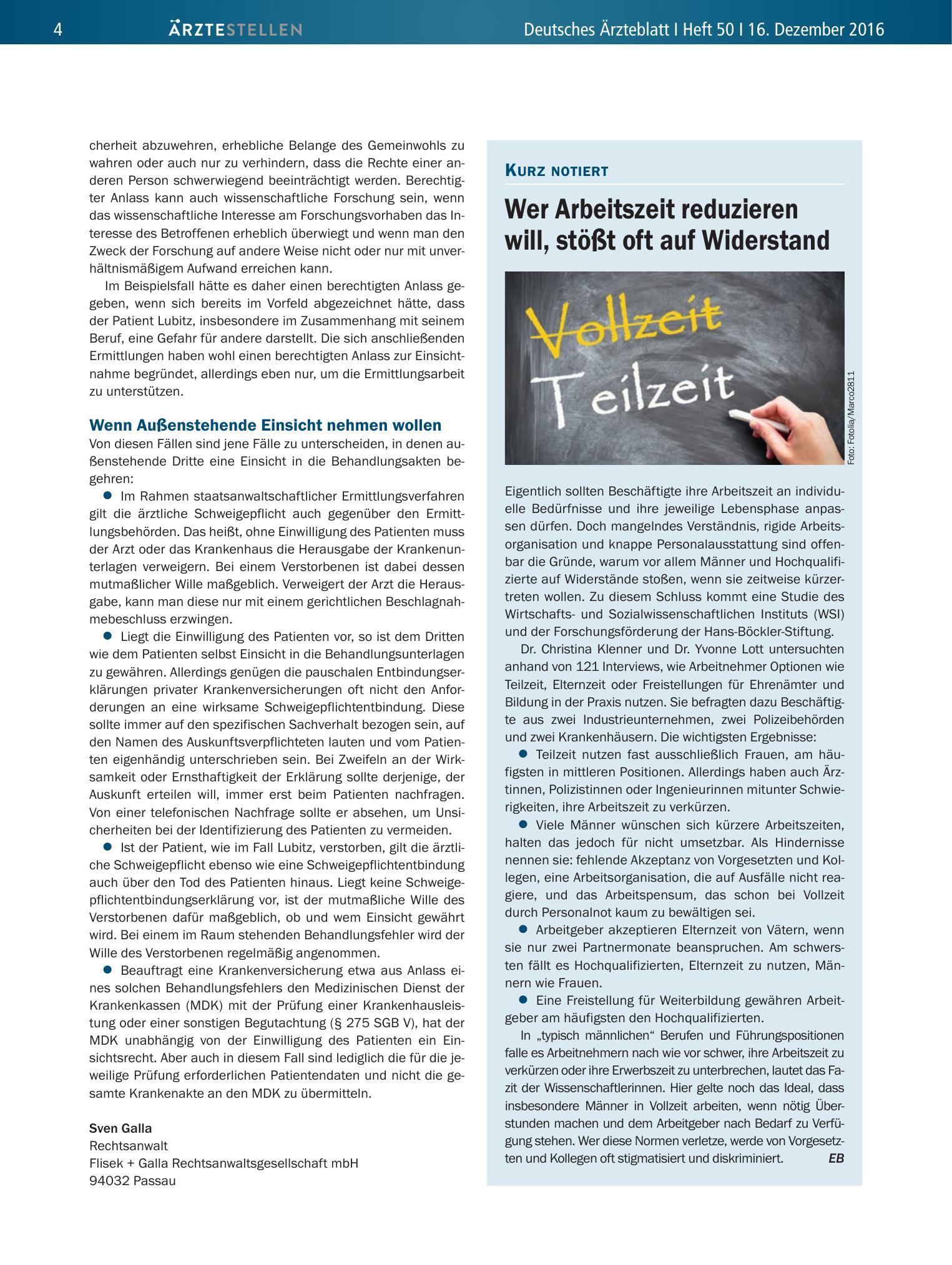 Vorschauseite 1: Kurz notiert: Wer Arbeitszeit reduzieren will, stößt oft auf Widerstand – Deutsches Ärzteblatt