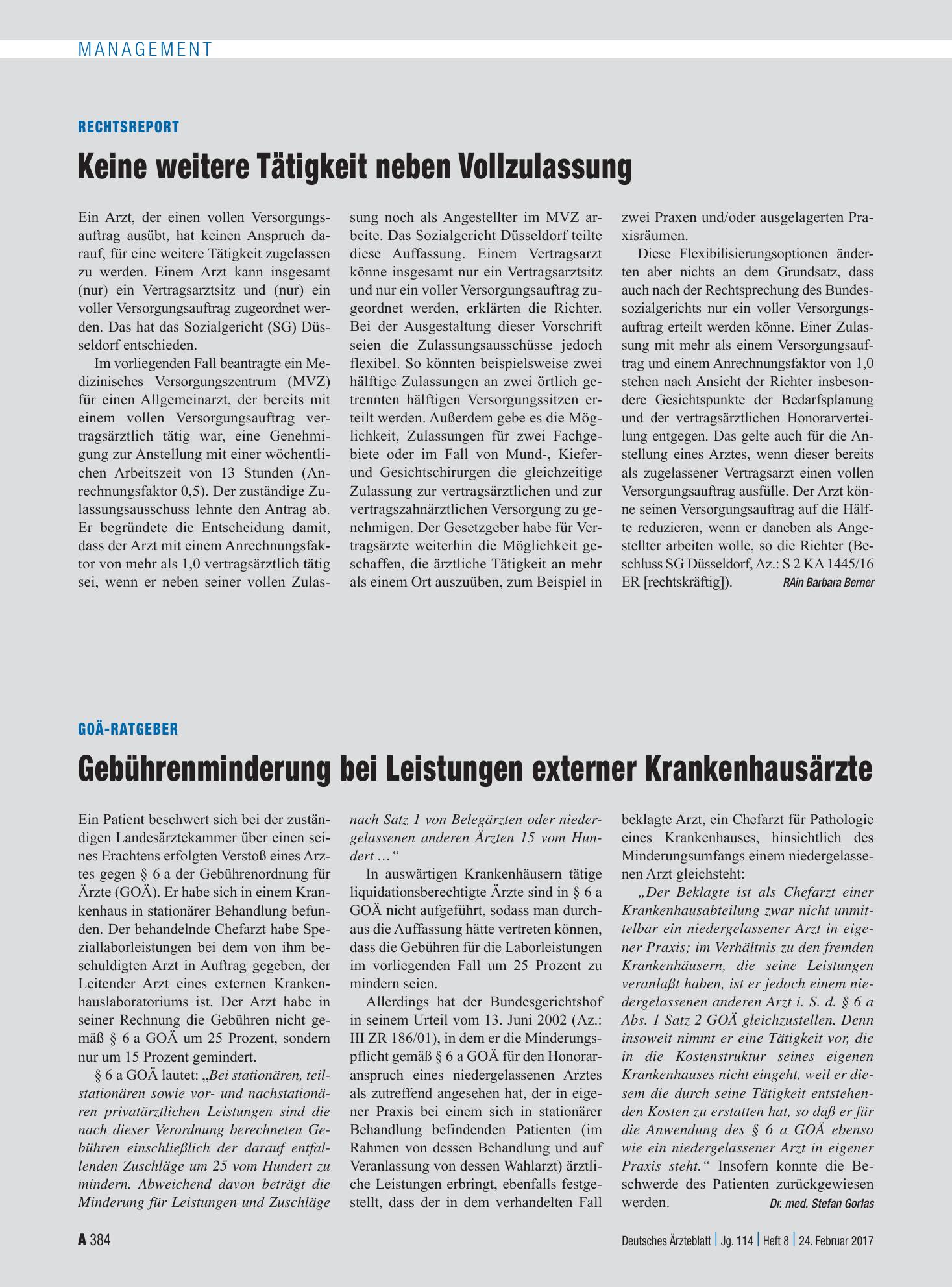 Vorschauseite 1: Rechtsreport: Keine weitere Tätigkeit neben Vollzulassung – Deutsches Ärzteblatt