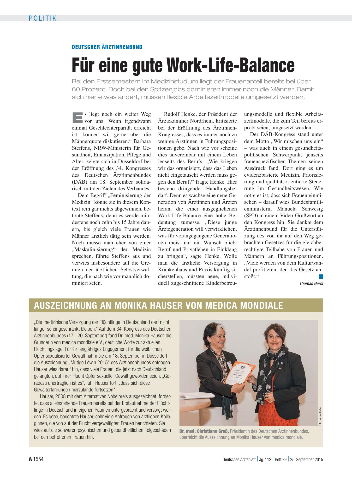 Vorschauseite 1: Deutscher Ärztinnenbund: Für eine gute Work-Life-Balance – Deutsches Ärzteblatt