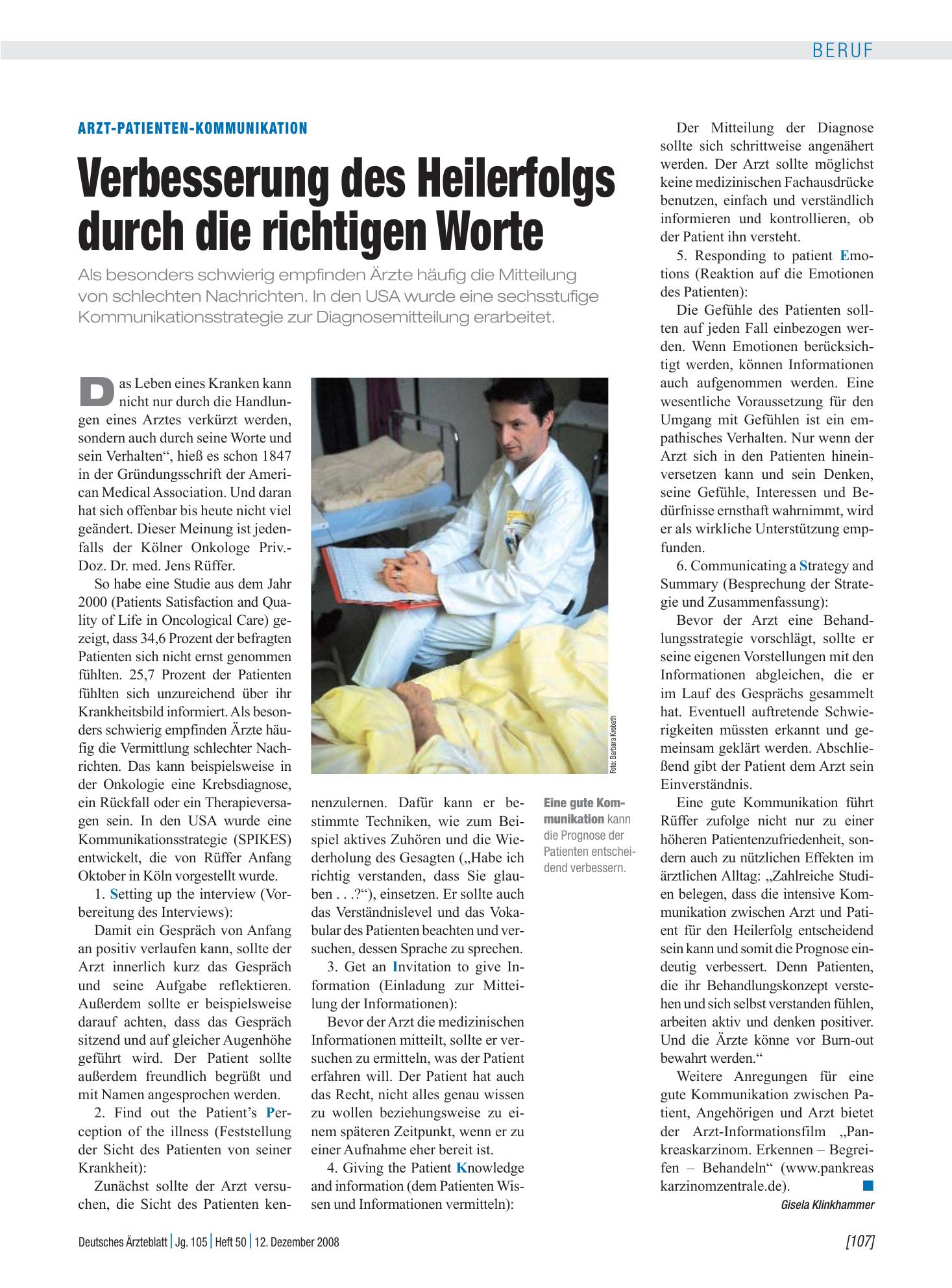 Vorschauseite 1: Arzt-Patienten-Kommunikation Verbesserung des Heilerfolgs durch die richtigen Worte – Deutsches Ärzteblatt
