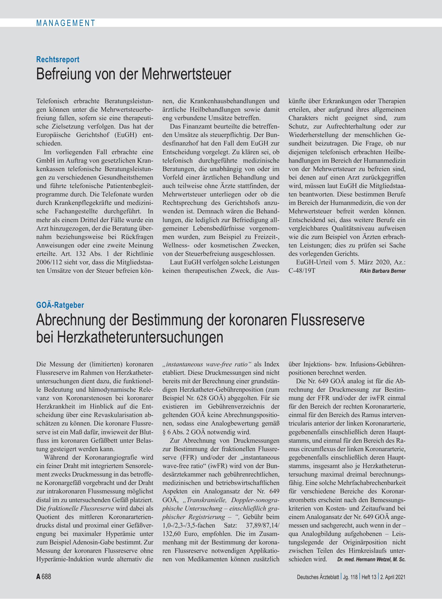Vorschauseite 1: Rechtsreport: Befreiung von der Mehrwertsteuer – Deutsches Ärzteblatt