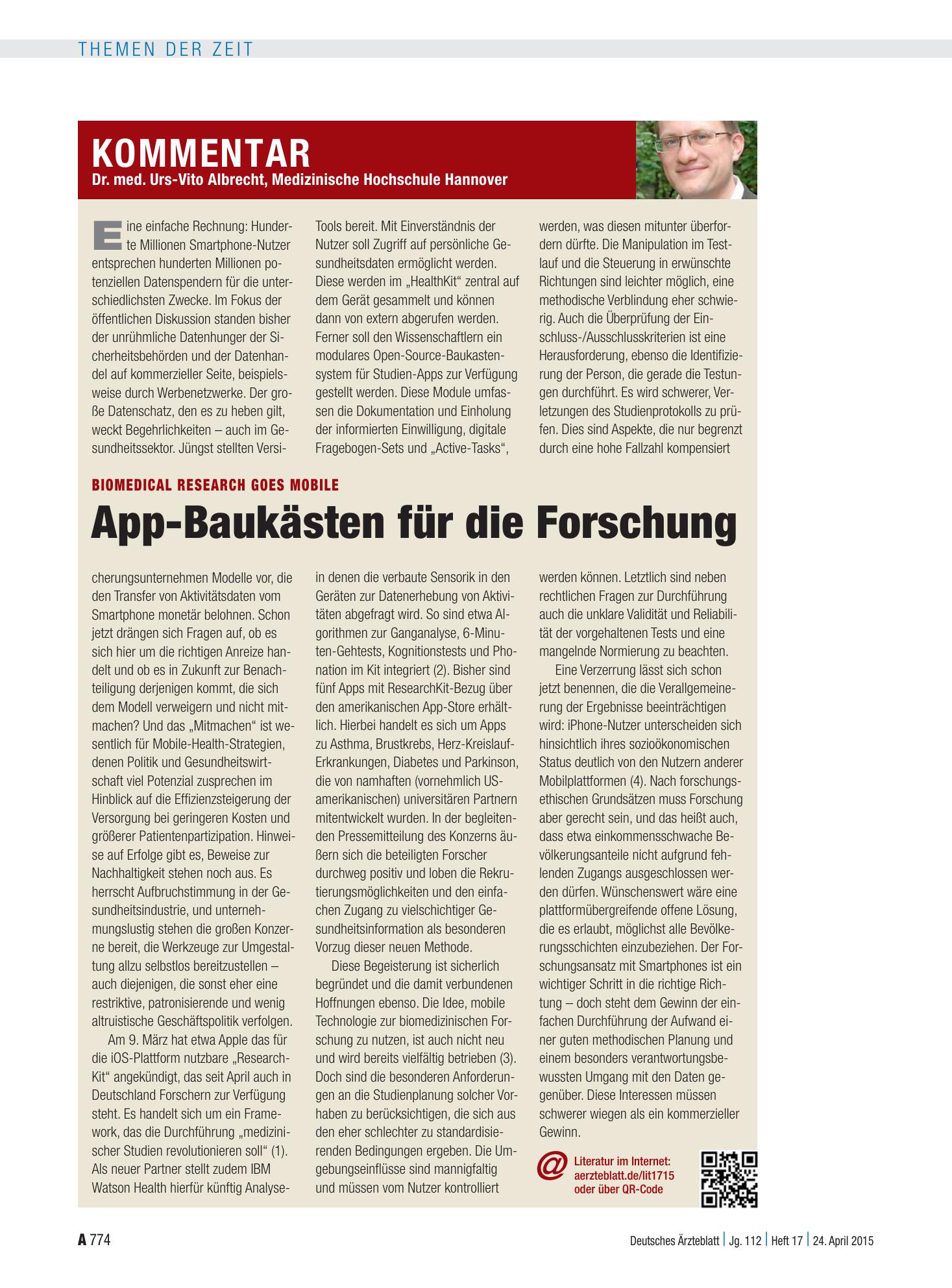 Vorschauseite 1: Biomedical Research Goes Mobile: App-Baukästen für die Forschung – Deutsches Ärzteblatt