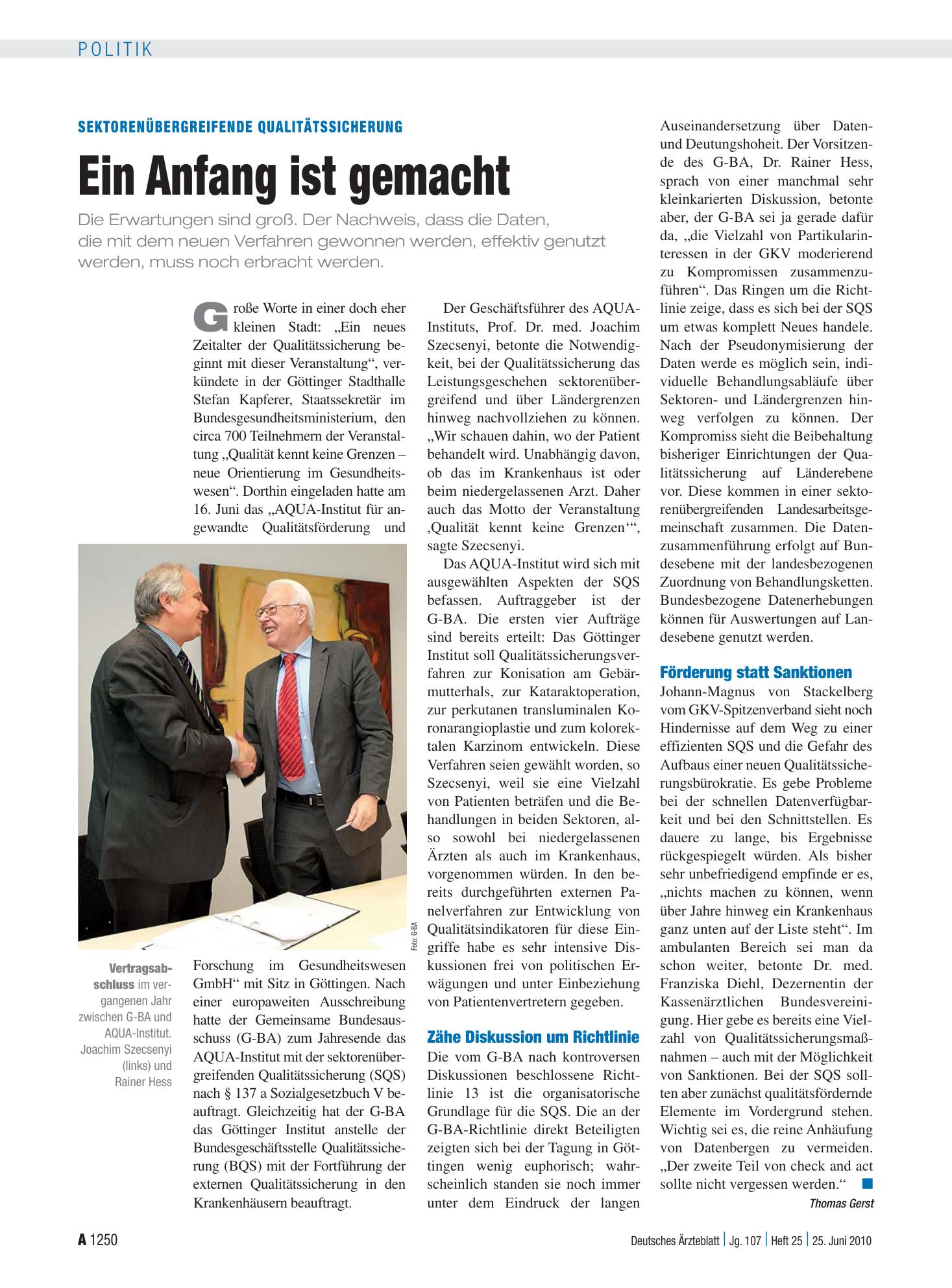 Vorschauseite 1: Sektorenübergreifende Qualitätssicherung: Ein Anfang ist gemacht – Deutsches Ärzteblatt