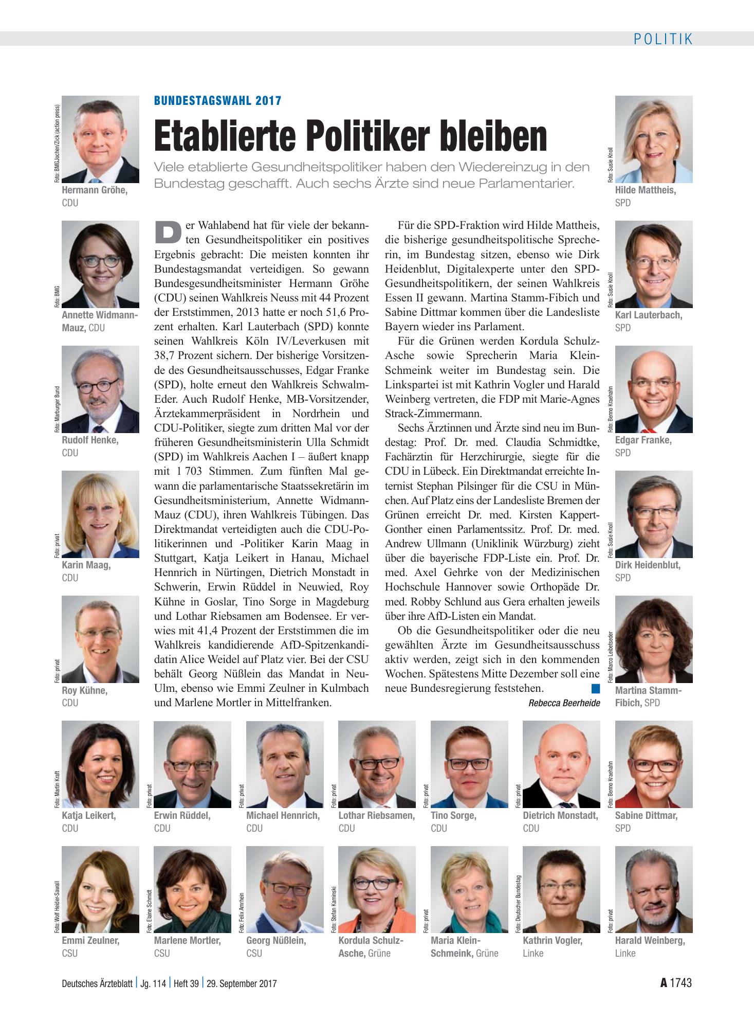 Vorschauseite 1: Bundestagswahl 2017: Etablierte Politiker bleiben – Deutsches Ärzteblatt