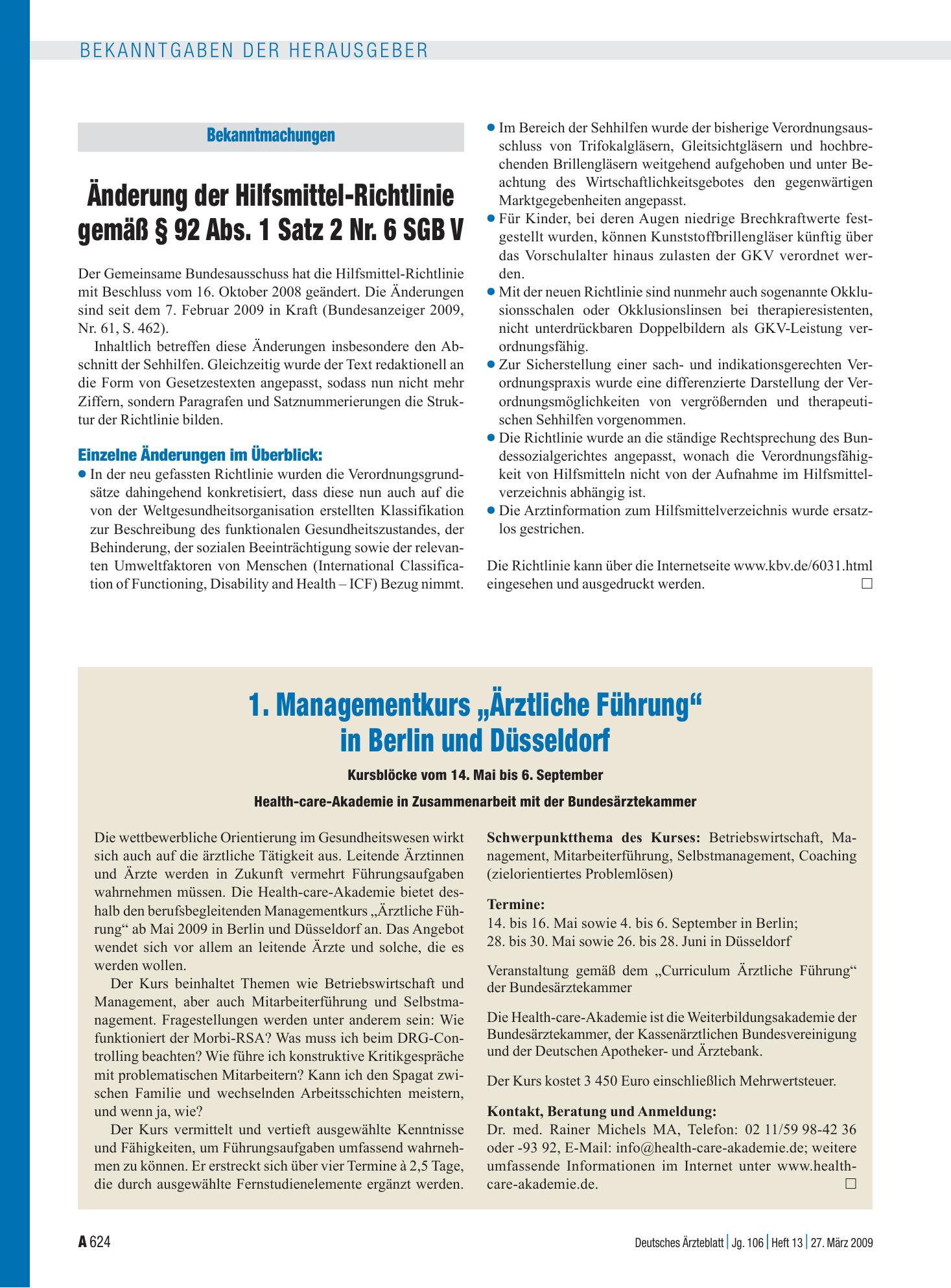Vorschauseite 1: 1. Managementkurs „Ärztliche Führung“ in Berlin und Düsseldorf – Deutsches Ärzteblatt