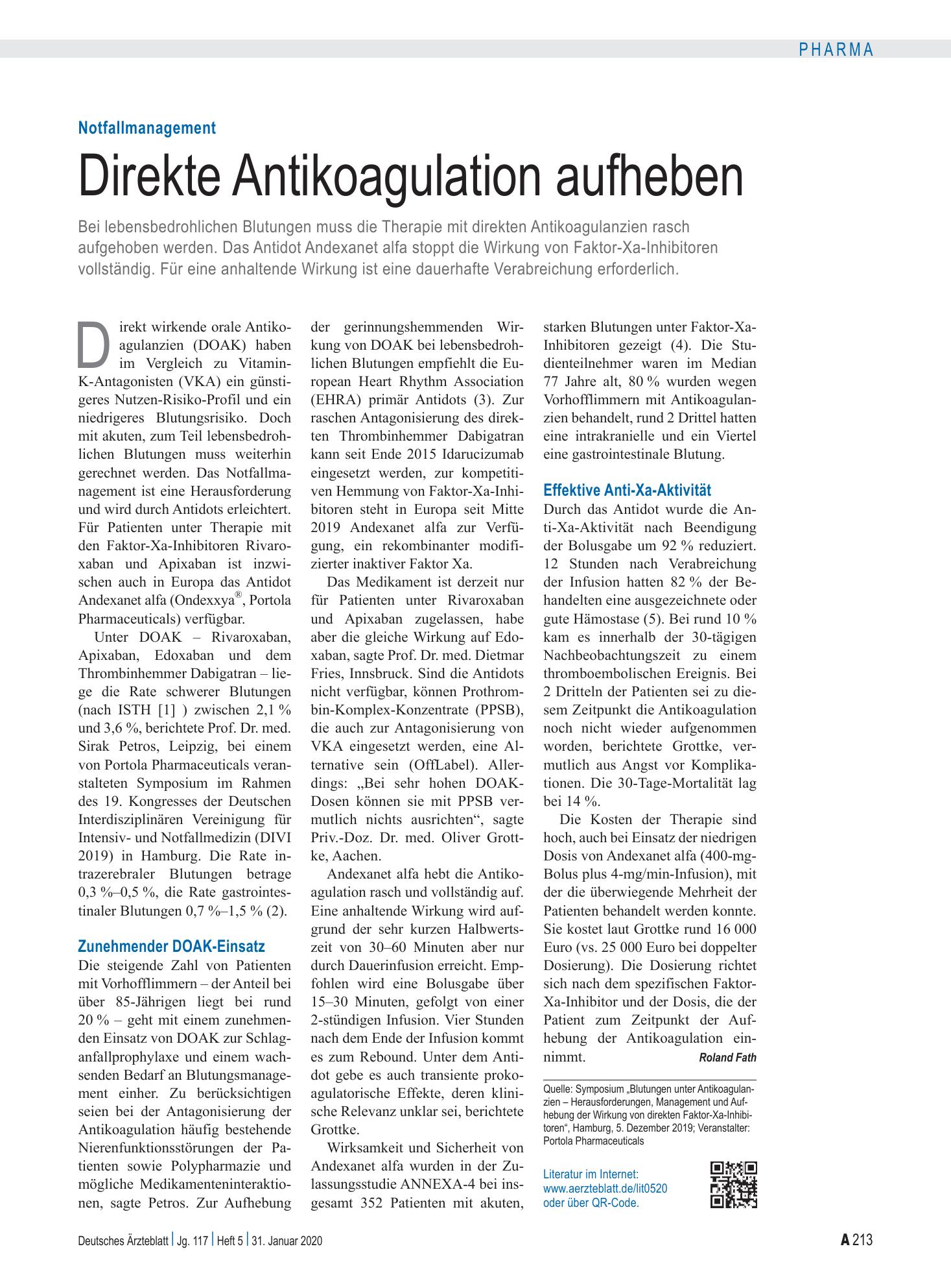 Vorschauseite 1: Notfallmanagement: Direkte Antikoagulation aufheben – Deutsches Ärzteblatt