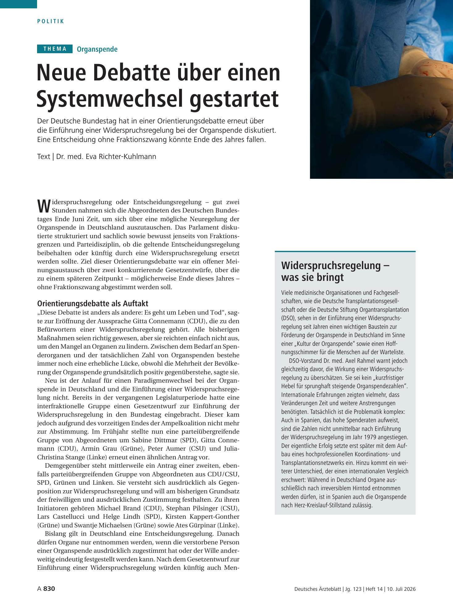 Vorschauseite 1: Organspende: Neue Debatte über einen Systemwechsel gestartet – Deutsches Ärzteblatt