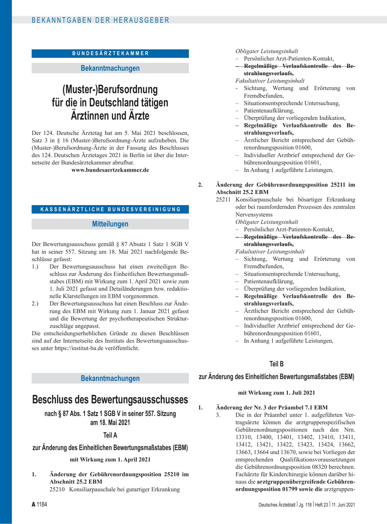 Vorschauseite 1: Beschluss des Bewertungsausschusses nach § 87 Abs. 1 Satz 1 SGB V in seiner 557. Sitzung am 18. Mai 2021 – Deutsches Ärzteblatt