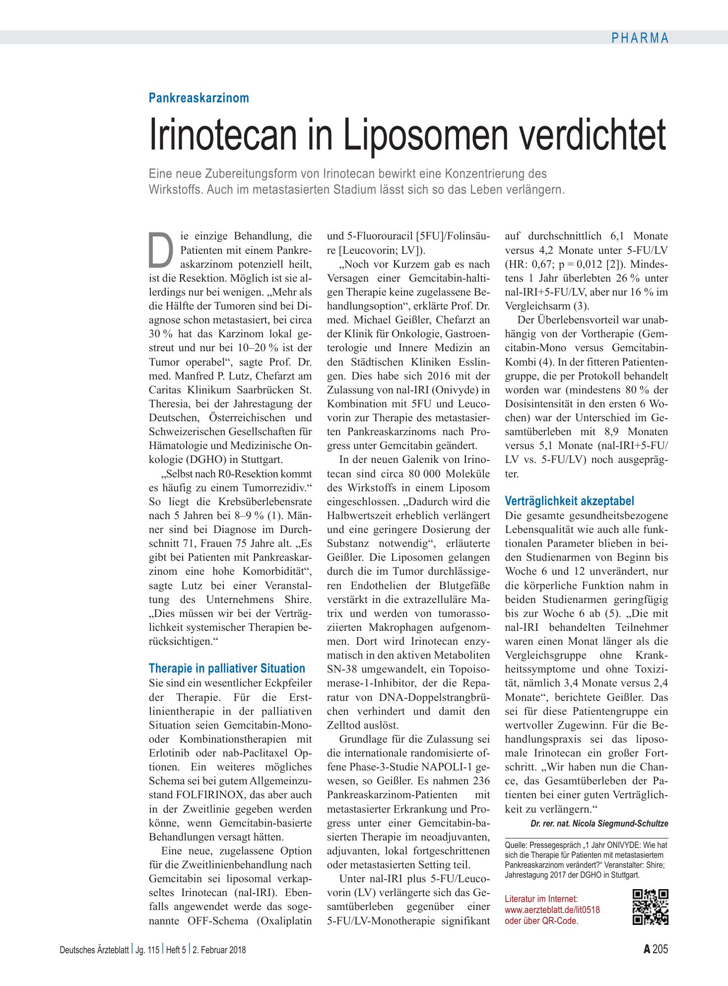 Vorschauseite 1: Pankreaskarzinom: Irinotecan in Liposomen verdichtet – Deutsches Ärzteblatt