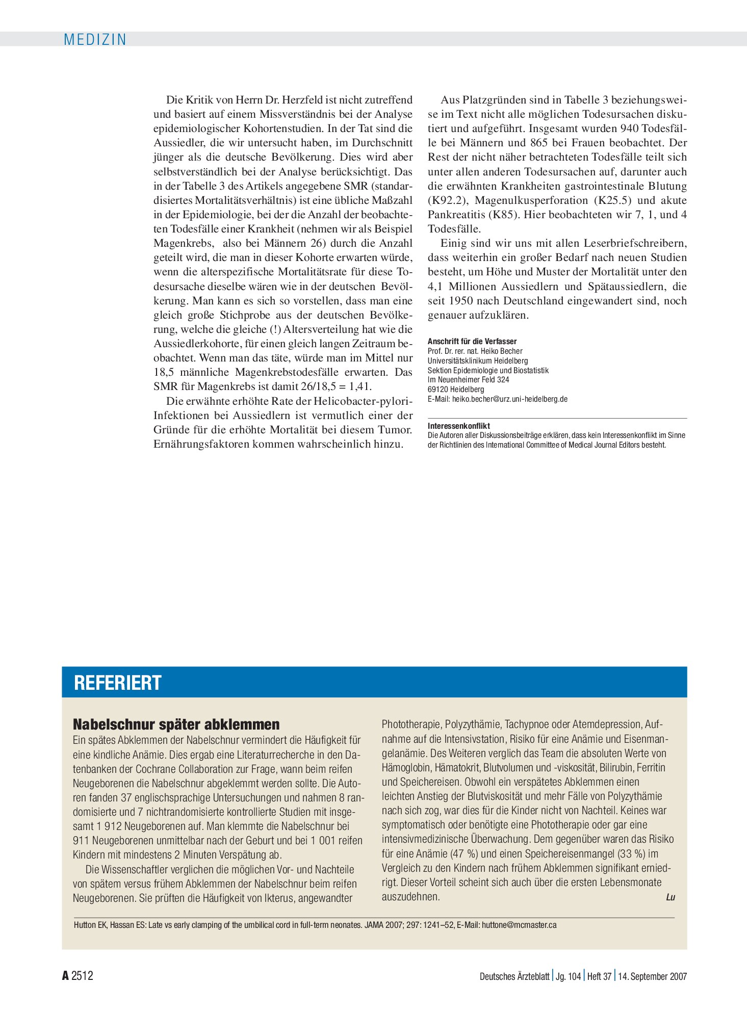 Vorschauseite 1: Nabelschnur später abklemmen – Deutsches Ärzteblatt
