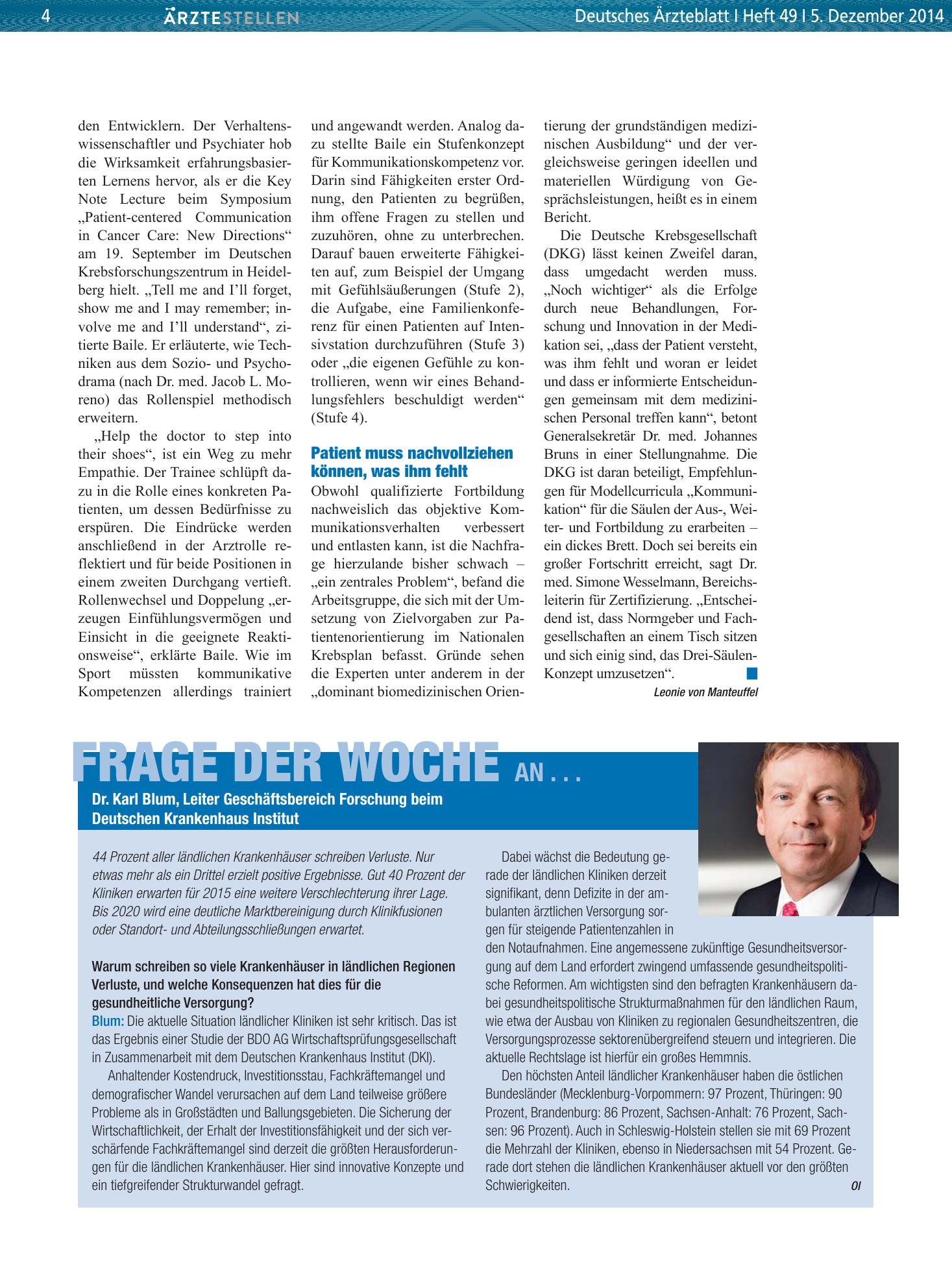 Vorschauseite 1: Frage der Woche an . . . Dr. Karl Blum, Leiter Geschäftsbereich Forschung beim Deutschen Krankenhaus Institut – Deutsches Ärzteblatt